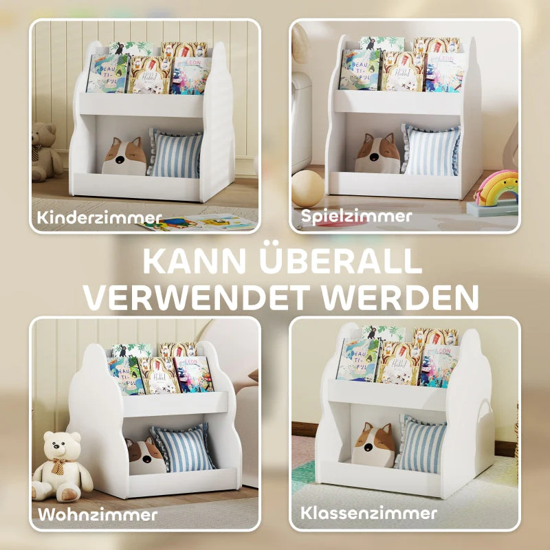Children's Bookshelf 2-Tier 4 Shelves with Wheels - White - Image 6