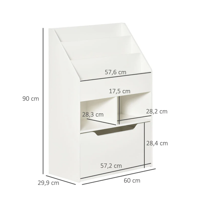 Children's Bookshelf with Drawer, 3 Shelves 2 Compartments, White - Image 3