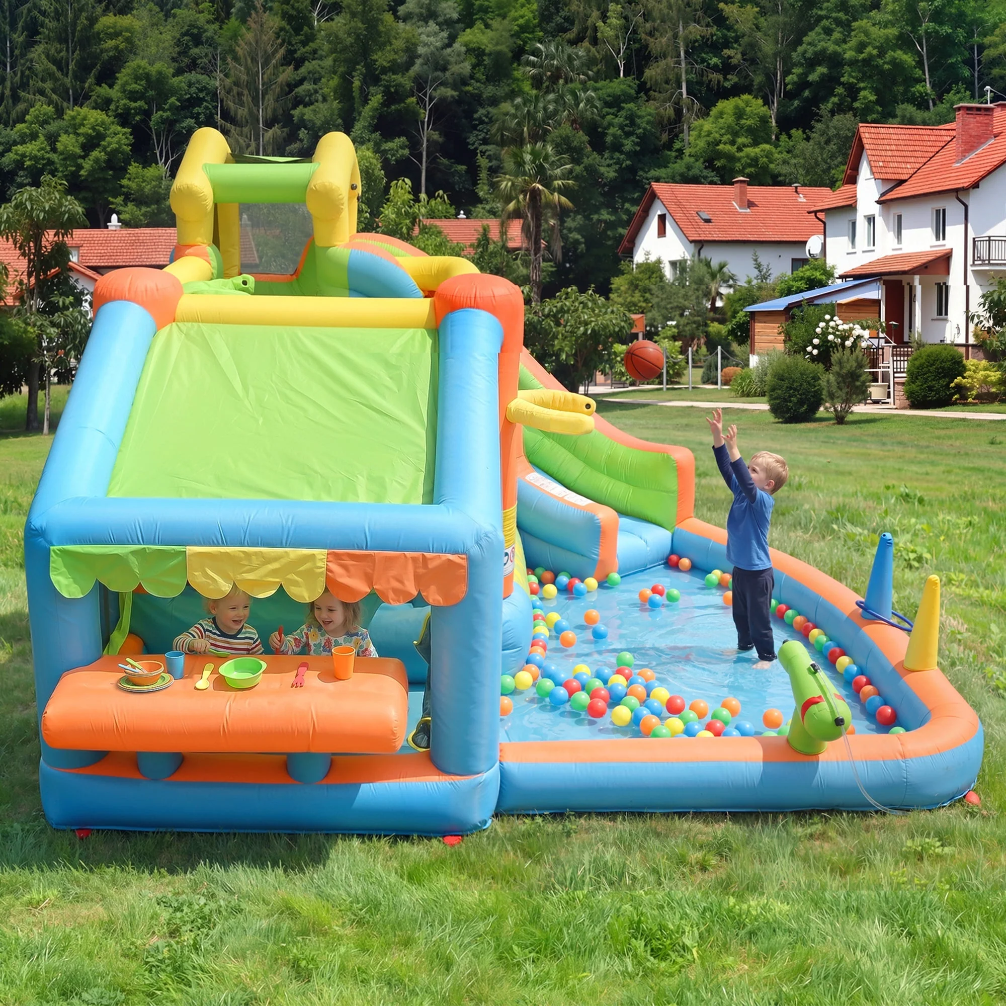 Children's Bouncy Castle and Inflatable Water Park with Blower, Slide and Basketball Hoop, 360x350x210cm, Oxford Fabric - Image 3