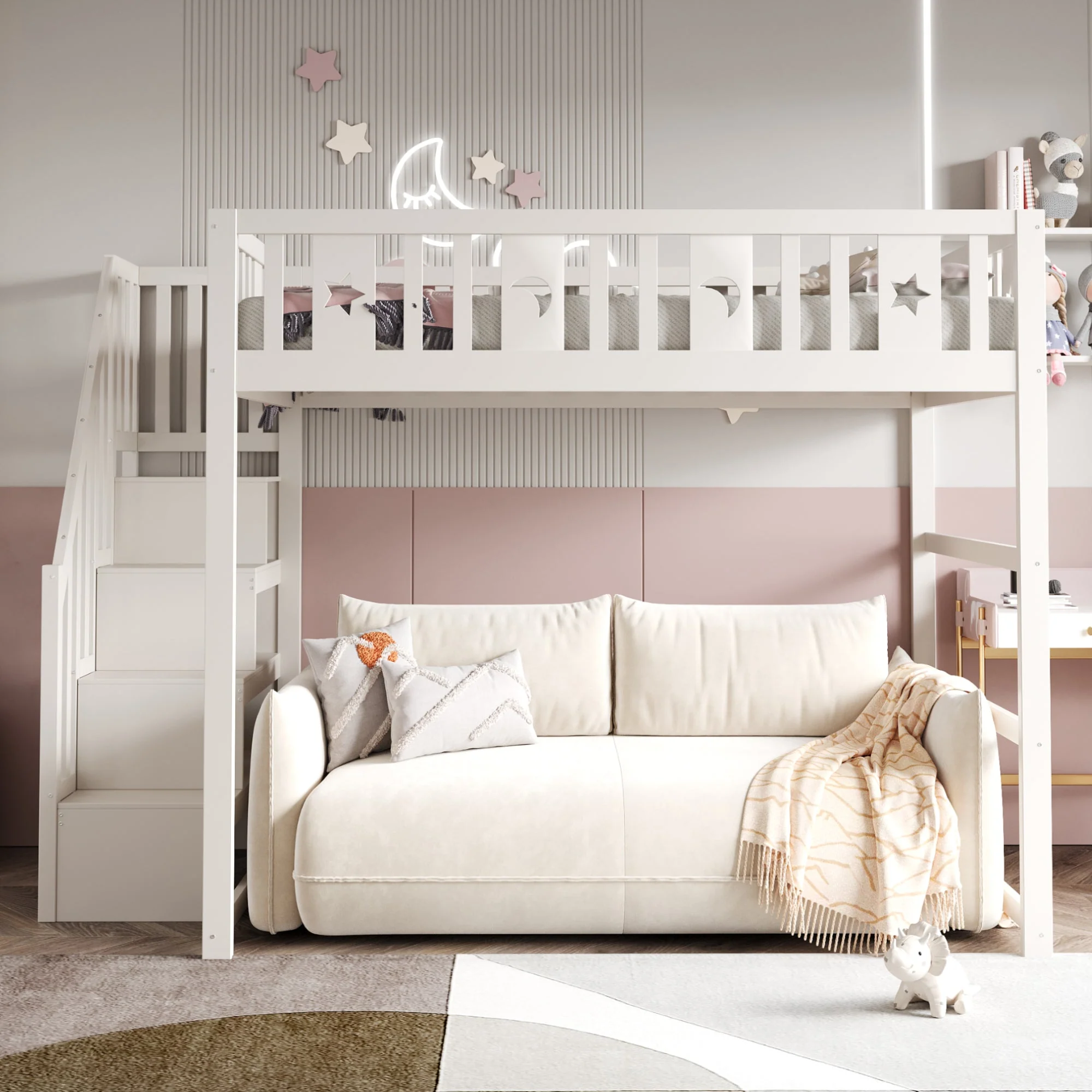 Children's Bunk Bed 140x200 Stairs Safety Railing, Solid Wood White - Image 3