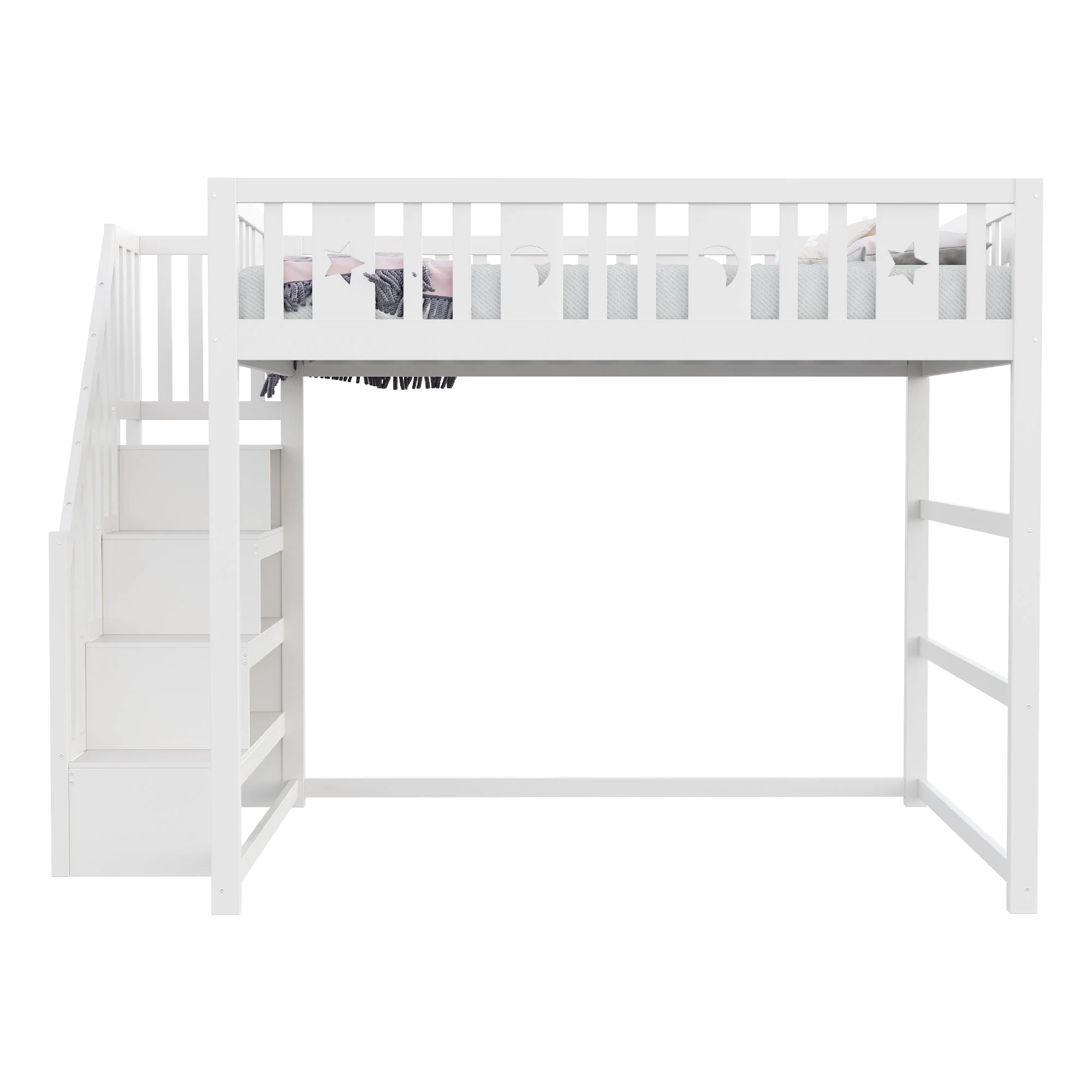 Children's Bunk Bed 140x200 Stairs Safety Railing, Solid Wood White - Image 7