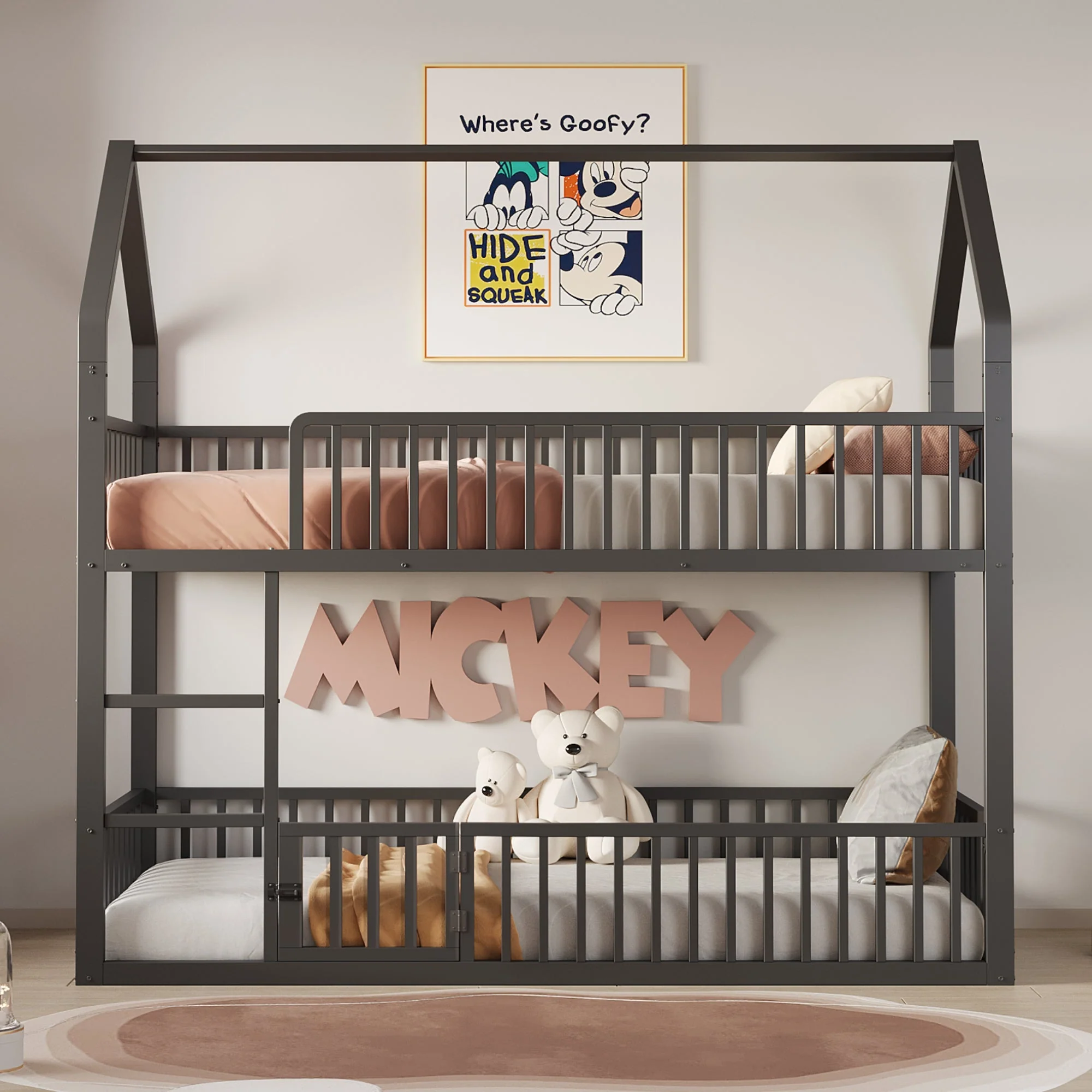 Children's Bunk Bed 90*200, Loft Design with Stairs & Small Door, Metal Black - Image 2