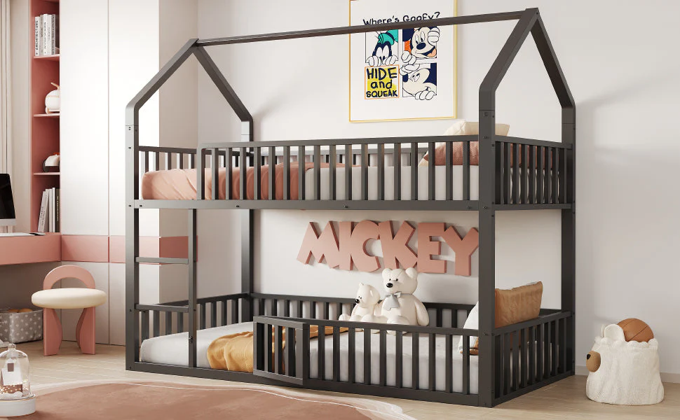 Children's Bunk Bed 90*200, Loft Design with Stairs & Small Door, Metal Black - Image 4