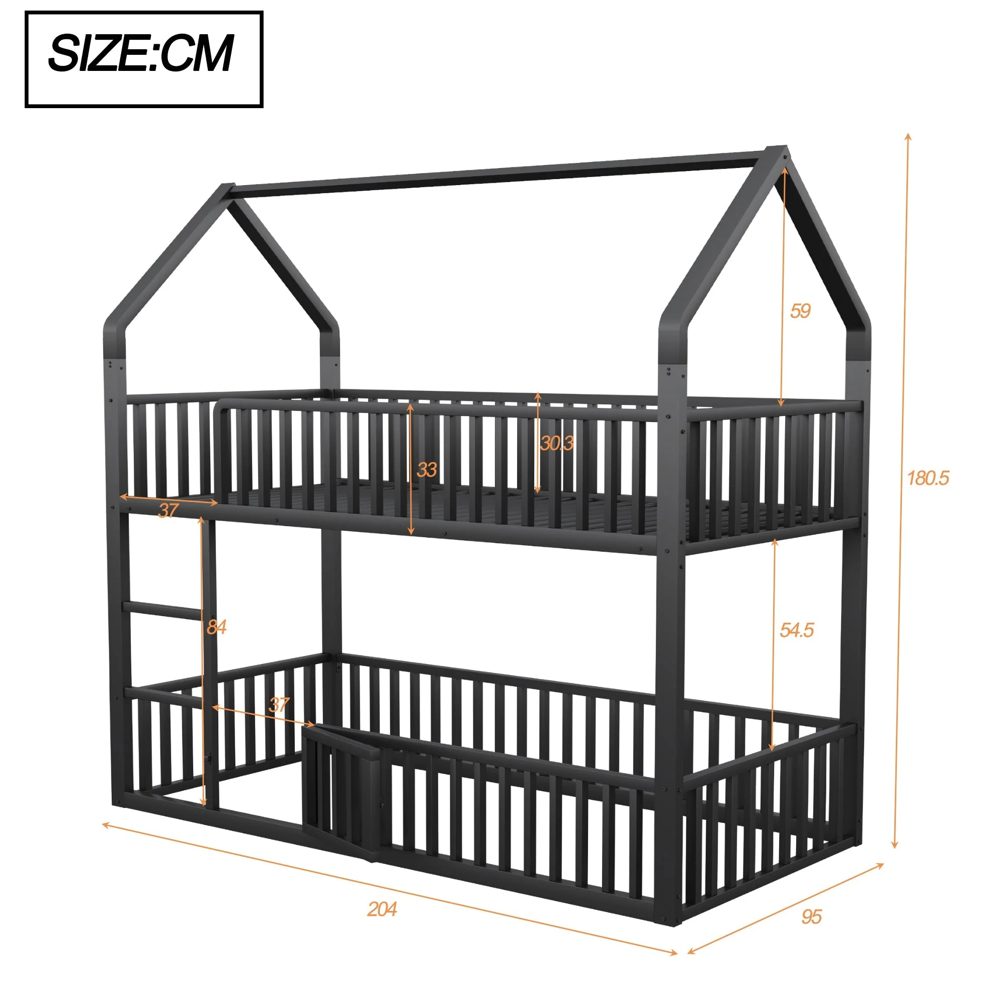 Children's Bunk Bed 90*200, Loft Design with Stairs & Small Door, Metal Black - Image 9