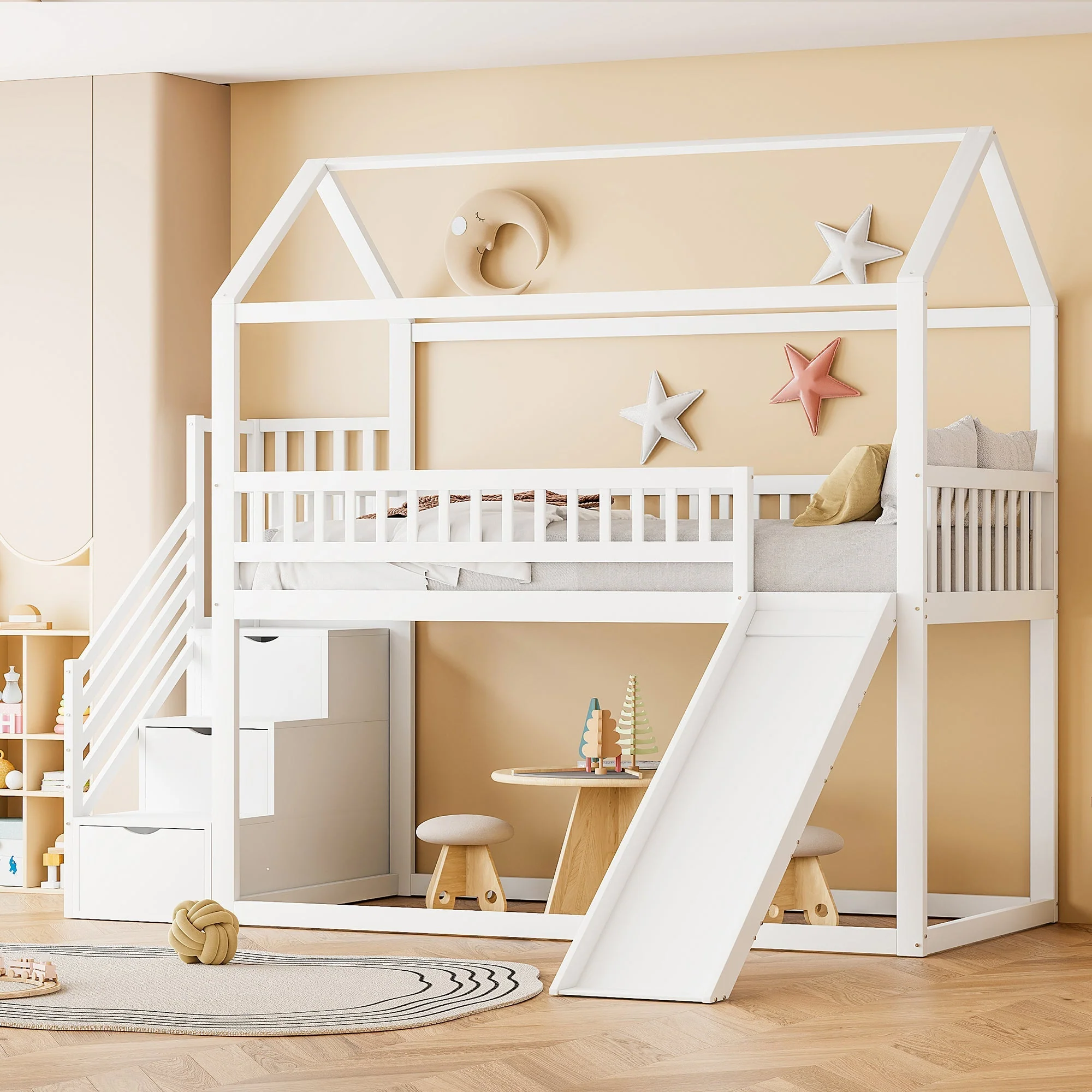 Children's Bunk Bed 90x200 cm, Loft with Slide & Storage Ladder, Solid Wood, White