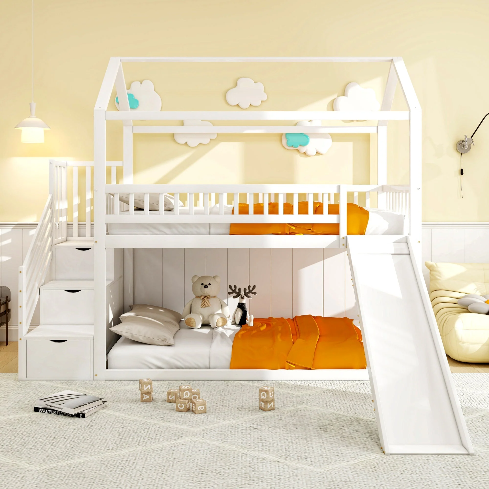 Children's Bunk Bed 90x200 cm, Loft with Slide & Storage Ladder, Solid Wood, White - Image 4