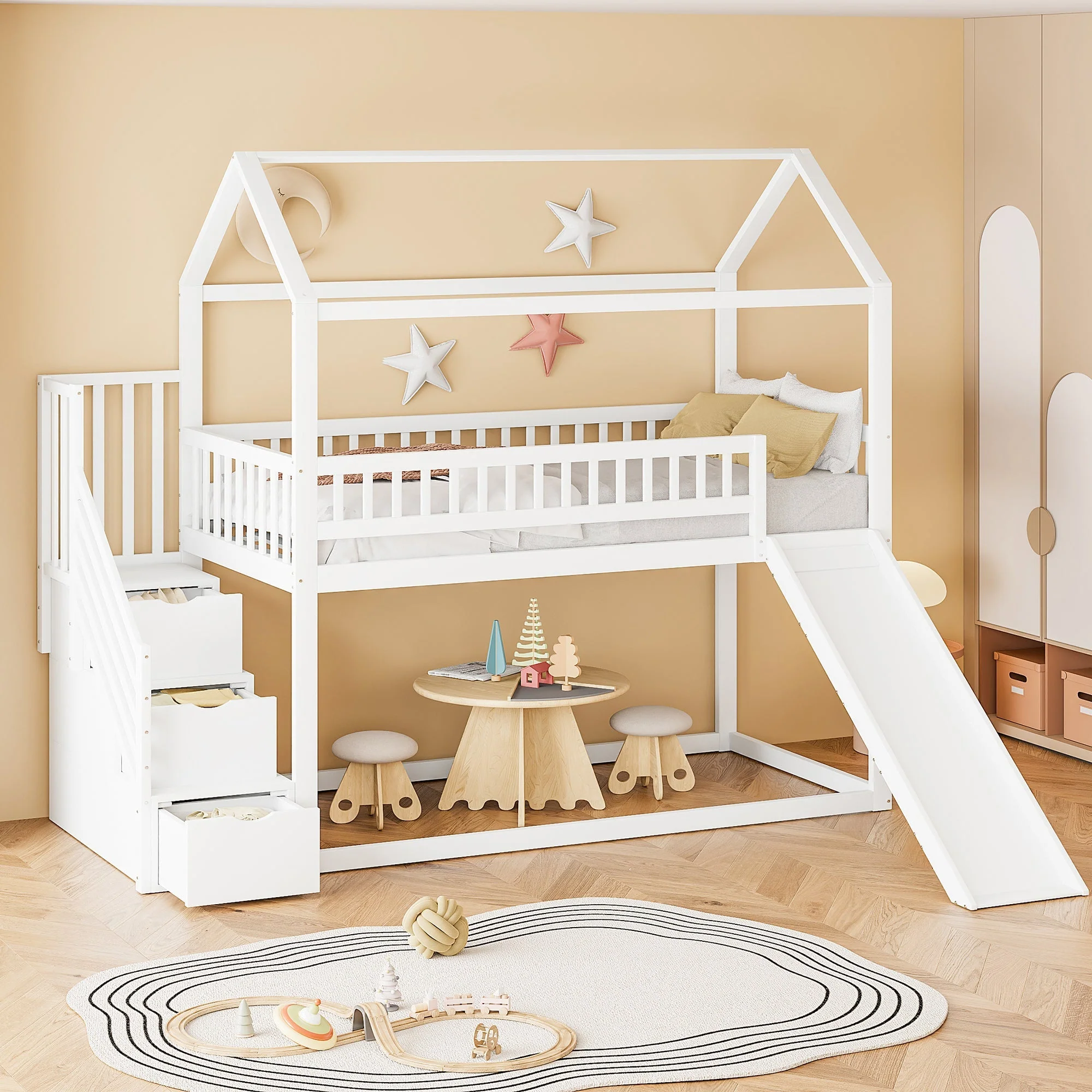 Children's Bunk Bed 90x200 cm, Loft with Slide & Storage Ladder, Solid Wood, White - Image 6