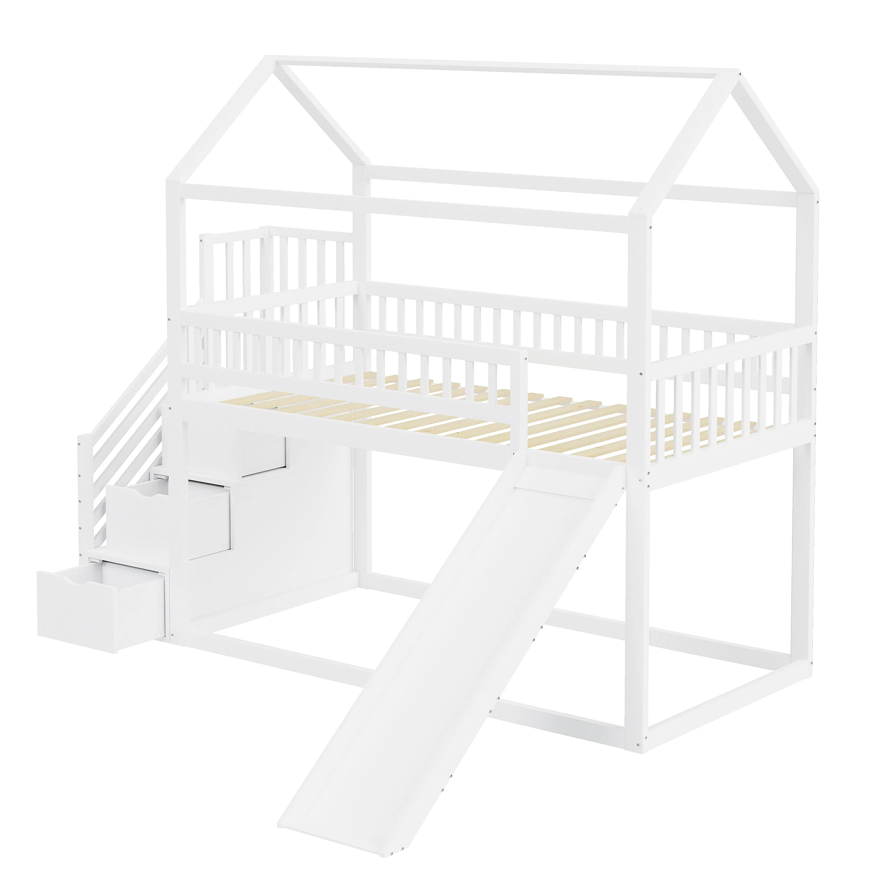 Children's Bunk Bed 90x200 cm, Loft with Slide & Storage Ladder, Solid Wood, White - Image 9