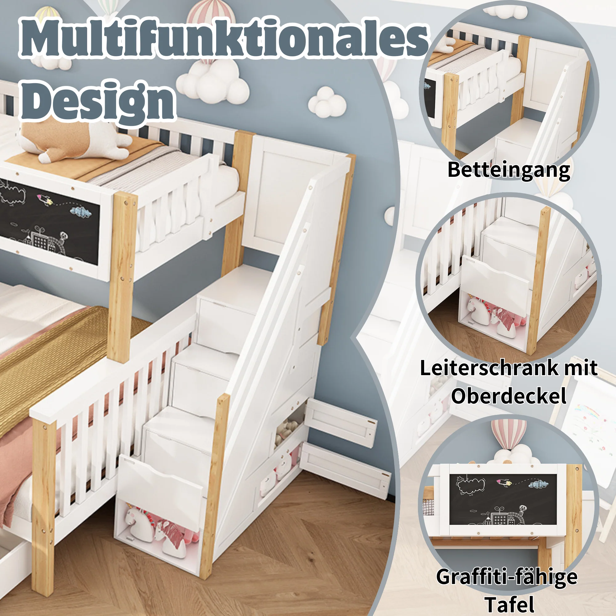 Children's Bunk Bed Multifunctional Chalkboard Drawers 90x200/140x200 - White/Light Oak - Image 3