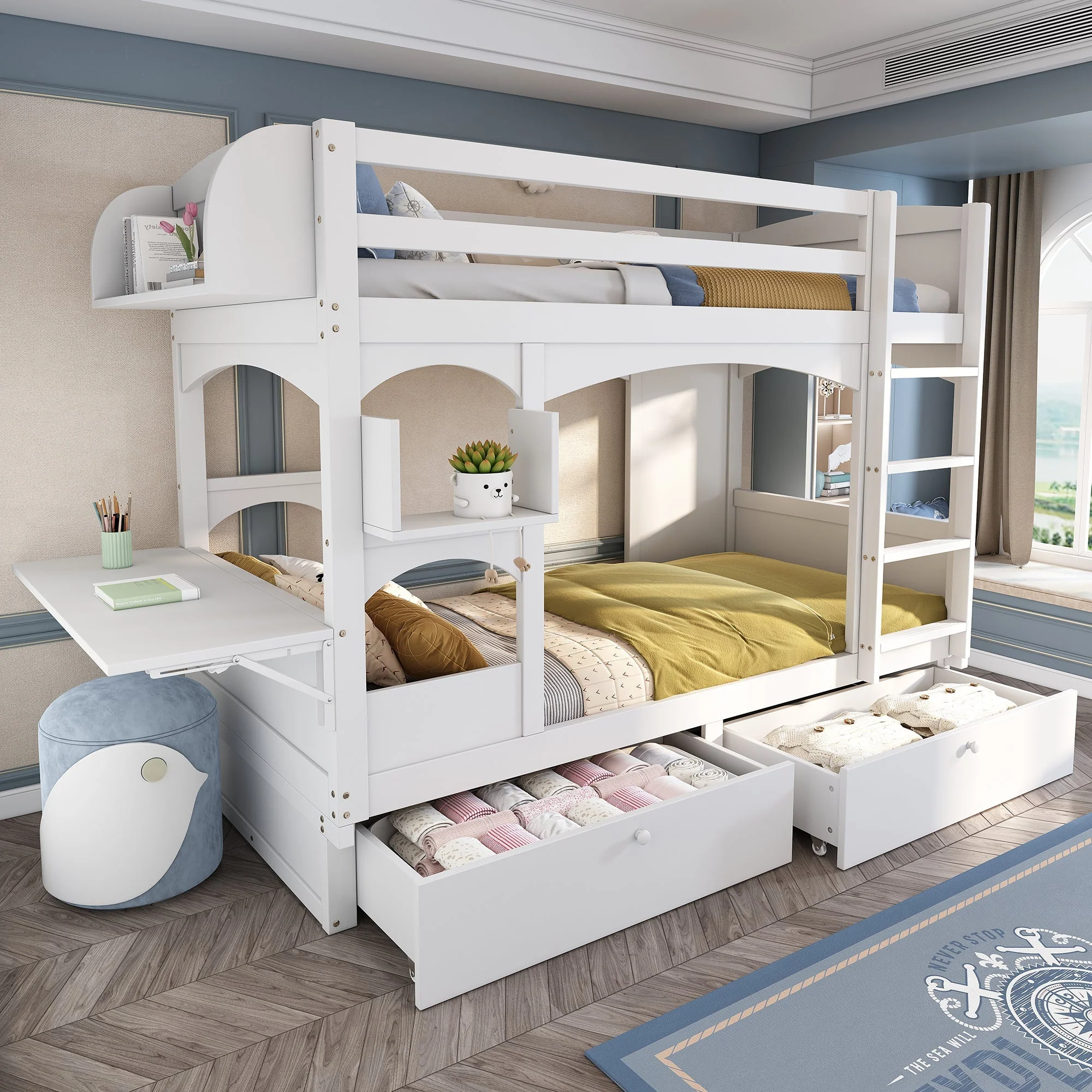 Children's Bunk Bed Multifunctional Double Bed with Desk, Shelf, 2 Drawers, Solid Wood White - Image 3