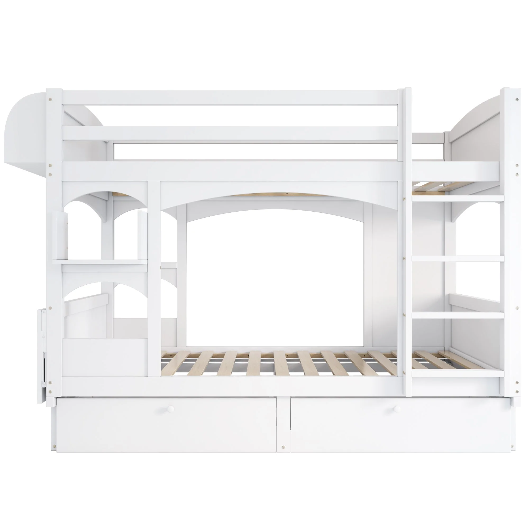 Children's Bunk Bed Multifunctional Double Bed with Desk, Shelf, 2 Drawers, Solid Wood White - Image 8