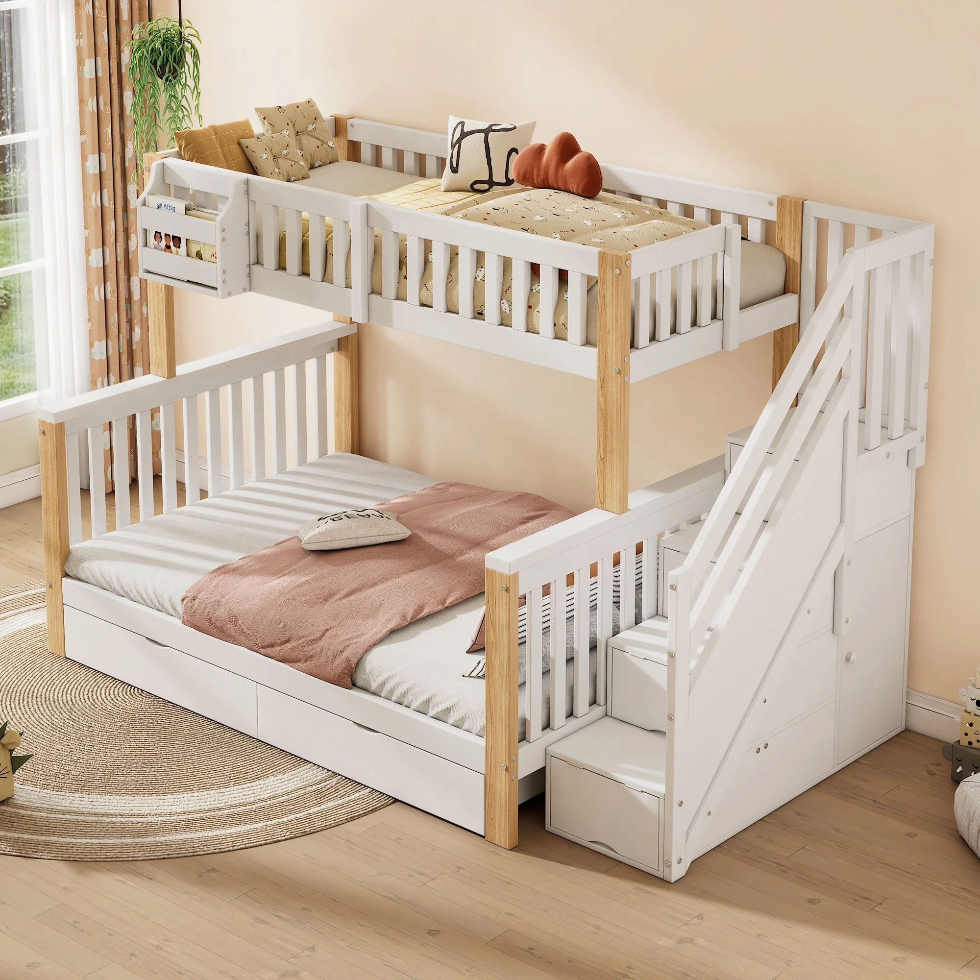 Children's Bunk Bed, Multifunctional Double Bed with Storage, White + Natural Color - Image 2