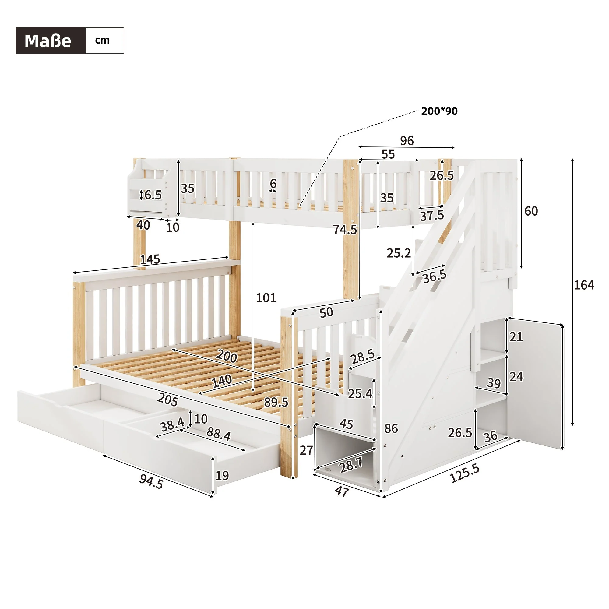 Children's Bunk Bed, Multifunctional Double Bed with Storage, White + Natural Color - Image 3