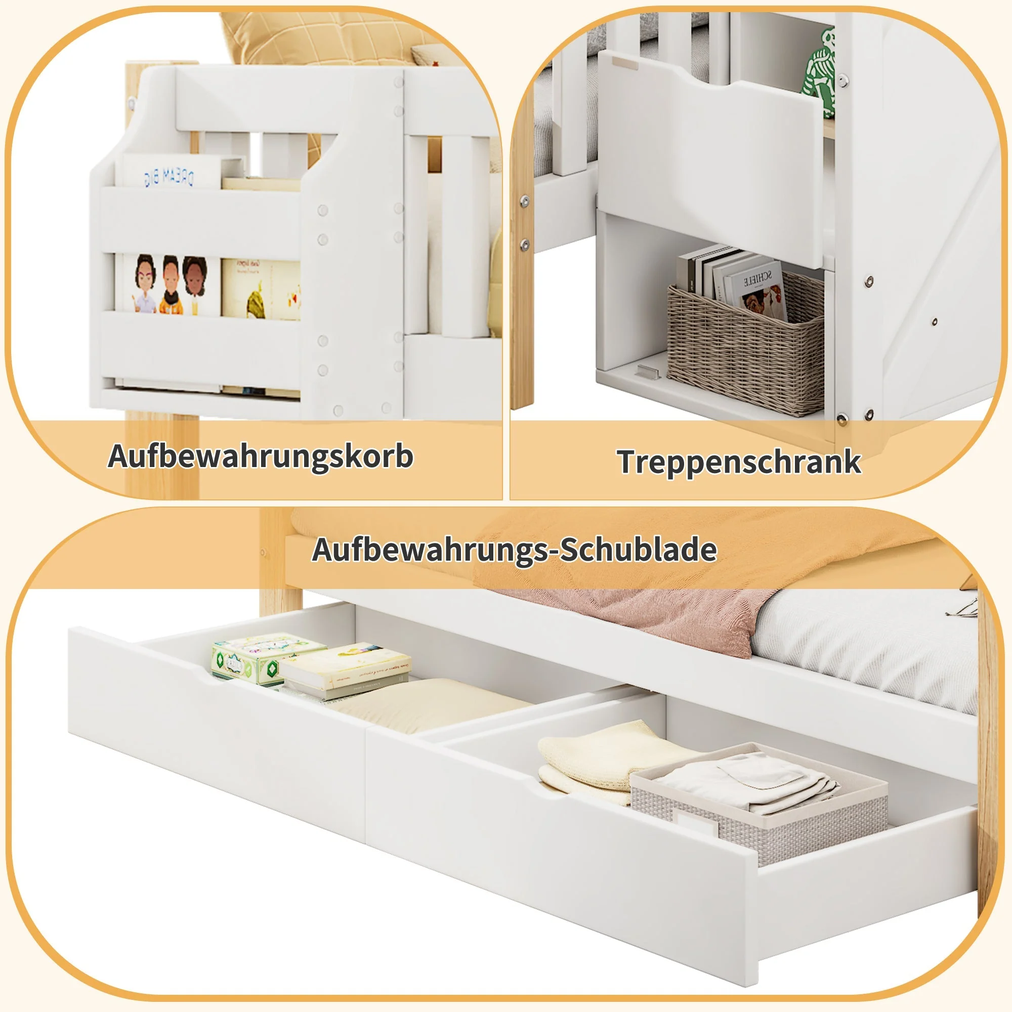 Children's Bunk Bed, Multifunctional Double Bed with Storage, White + Natural Color - Image 4