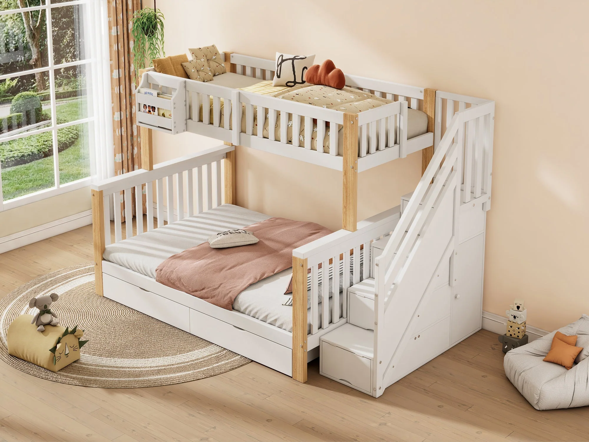 Children's Bunk Bed, Multifunctional Double Bed with Storage, White + Natural Color - Image 6