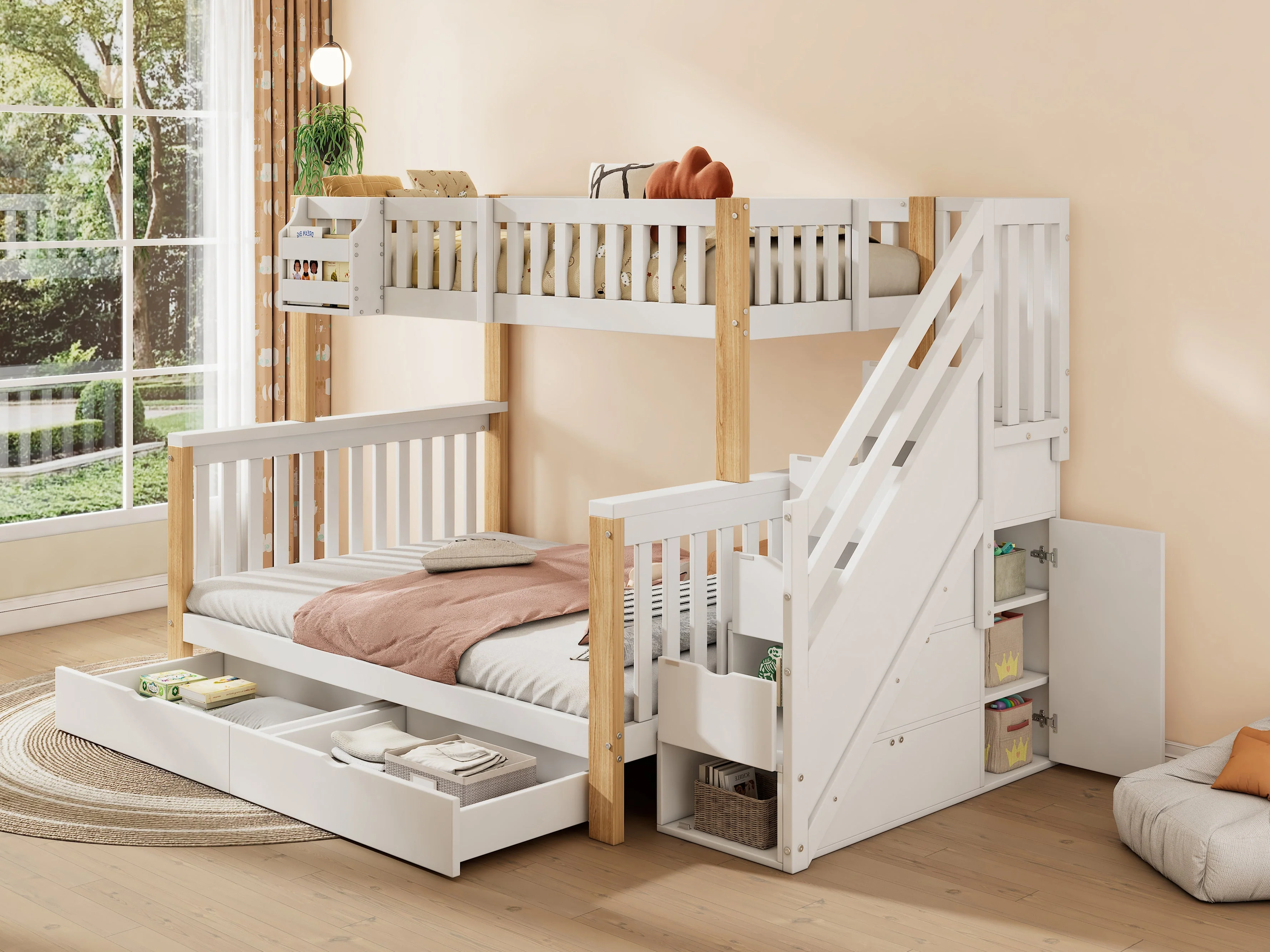 Children's Bunk Bed, Multifunctional Double Bed with Storage, White + Natural Color - Image 7