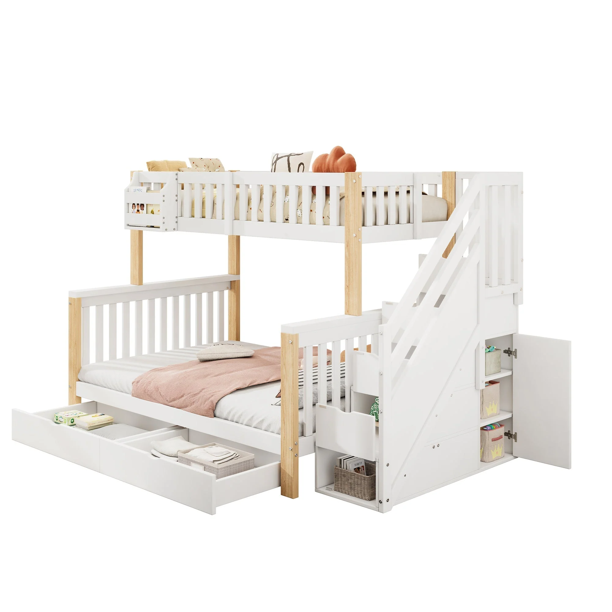 Children's Bunk Bed, Multifunctional Double Bed with Storage, White + Natural Color - Image 8