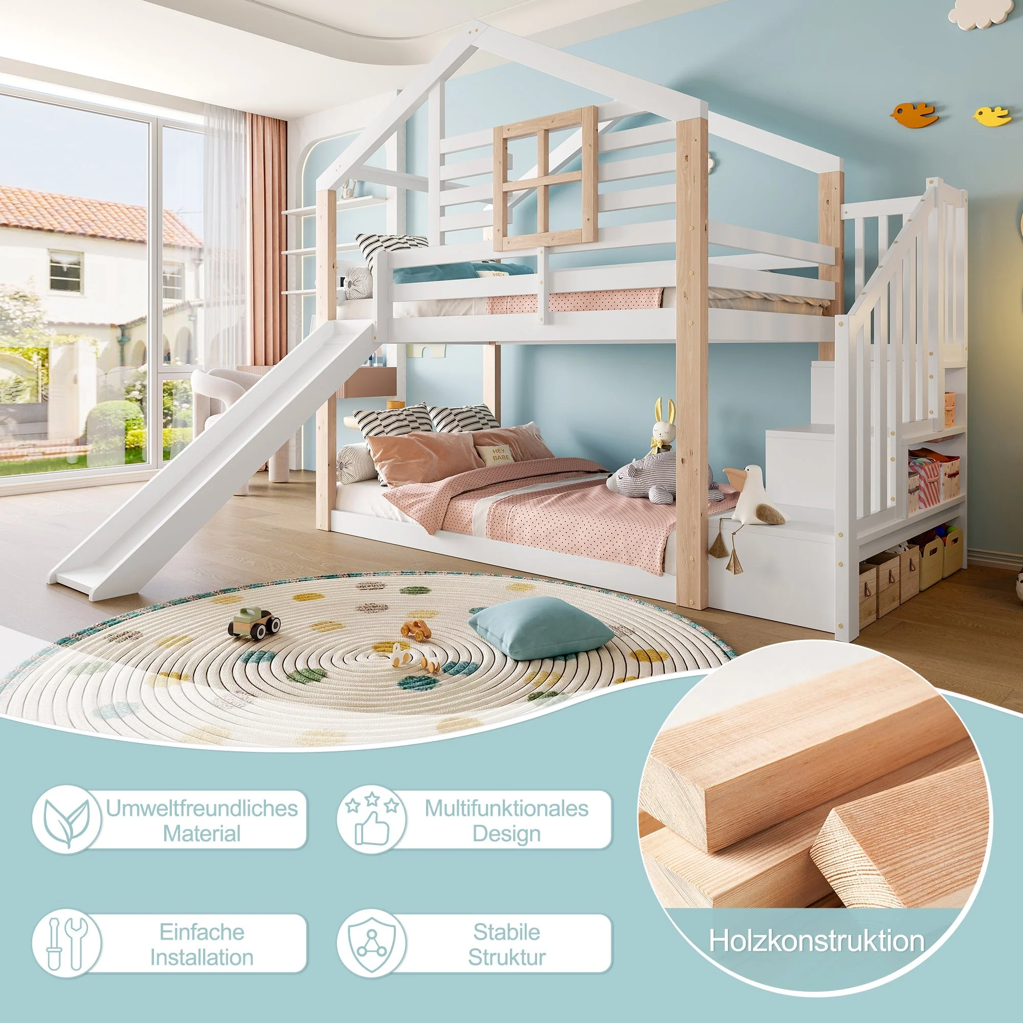 Children's Bunk Bed Slide Stairs Storage Scandinavian Solid Wood - Image 4