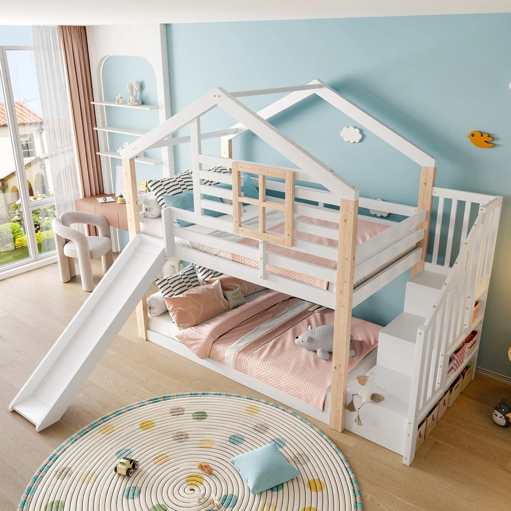 Children's Bunk Bed Slide Stairs Storage Scandinavian Solid Wood - Image 8