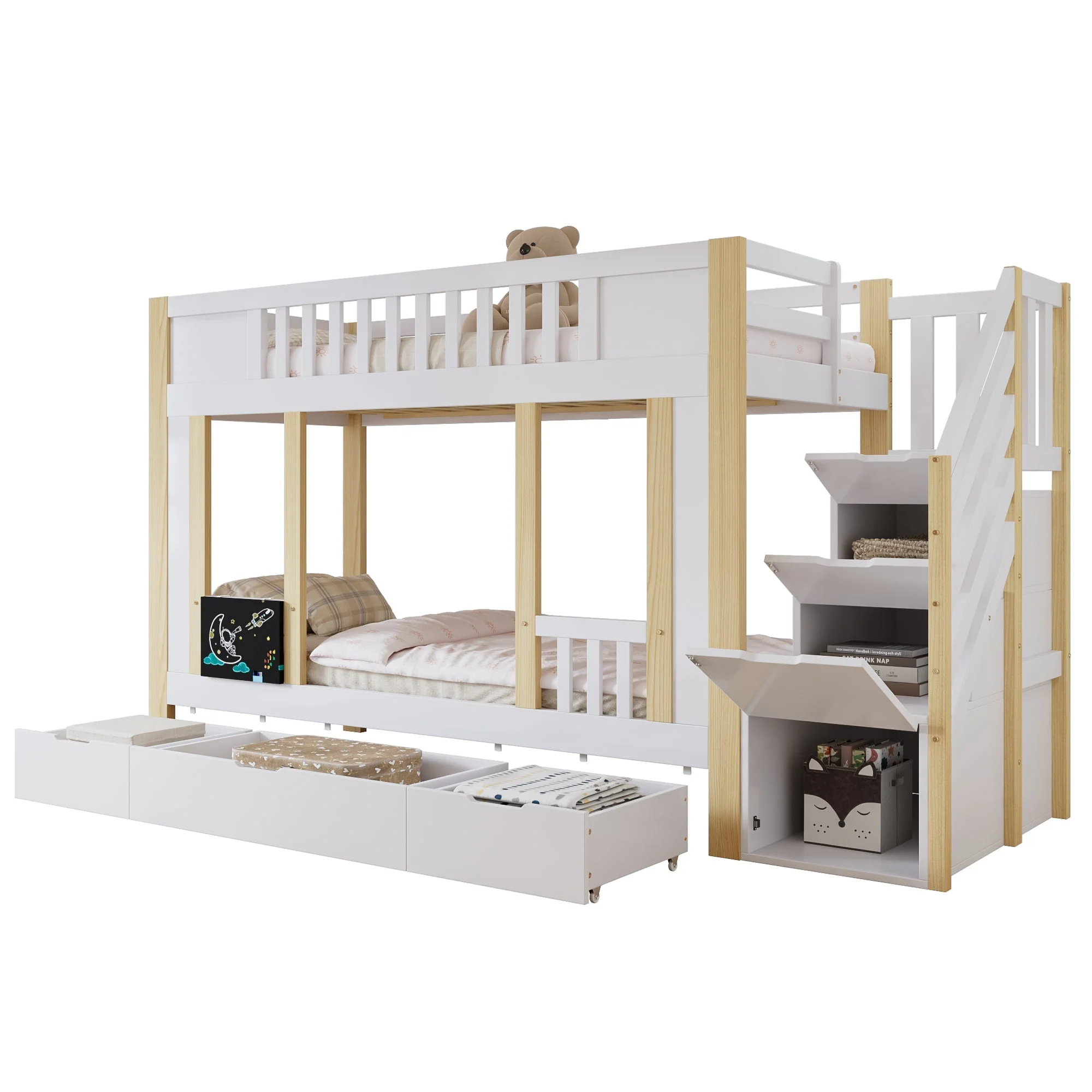 Children's Bunk Bed Storage Stairs Drawers Chalkboard 90x200cm, Pine MDF White/Natural - Image 7