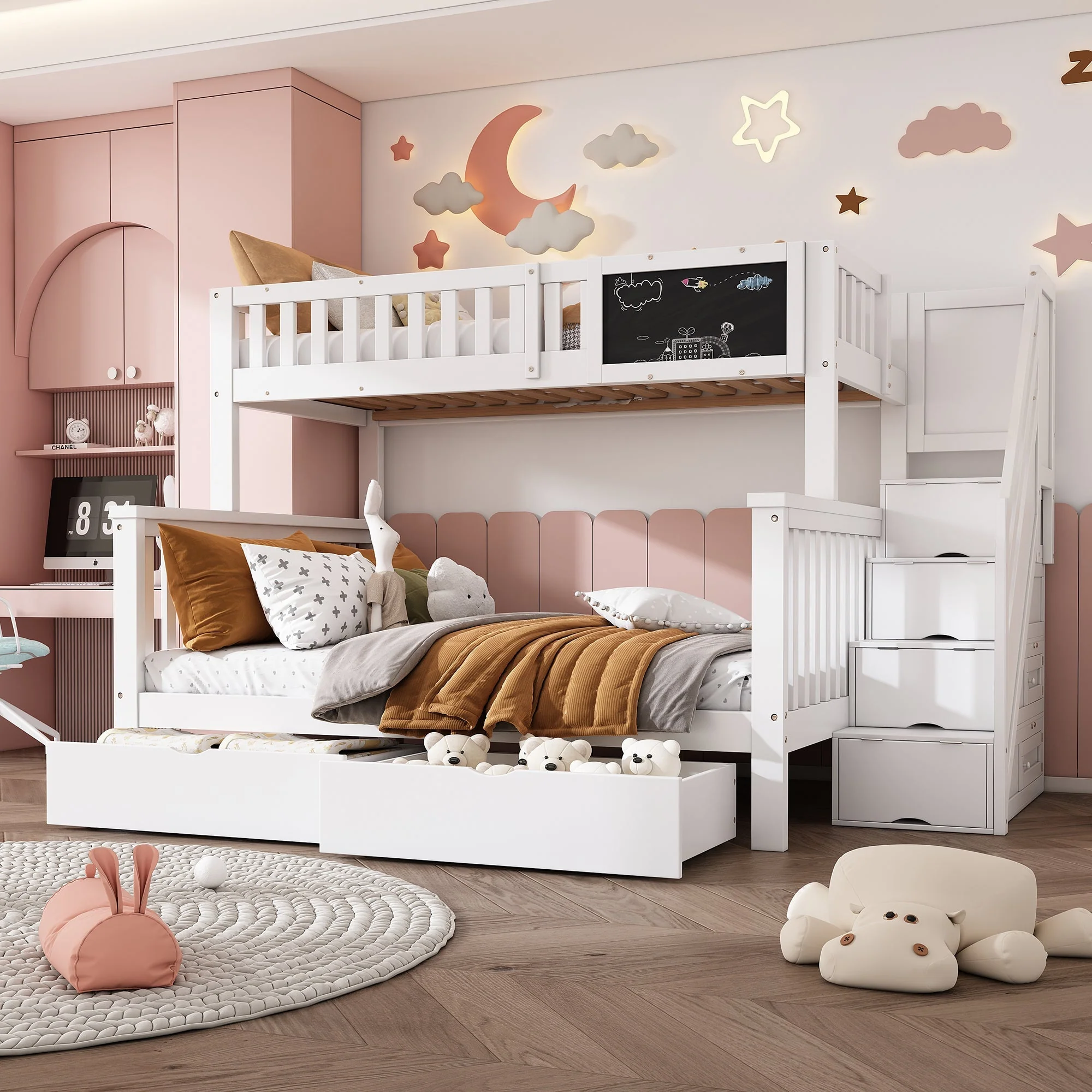 Children's Bunk Bed with Chalkboard and Drawers, 90x200 & 140x200cm, White - Image 4