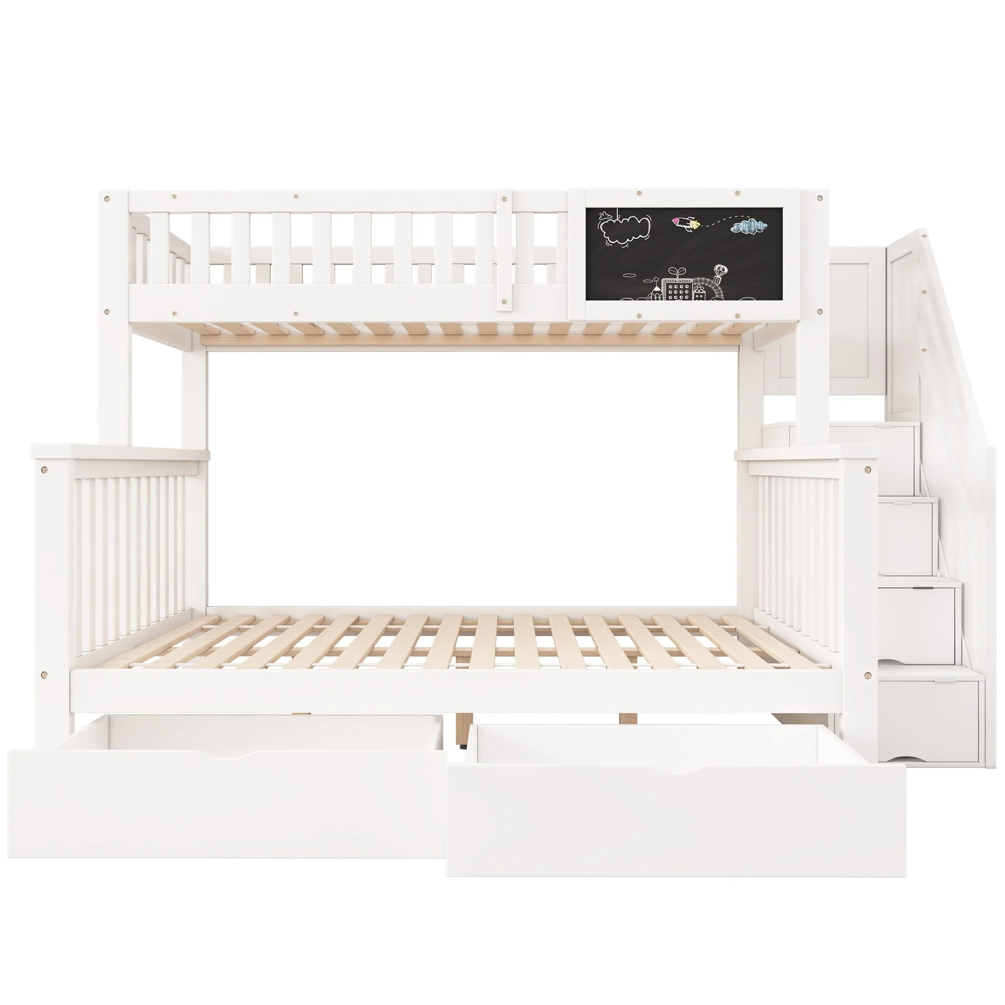 Children's Bunk Bed with Chalkboard and Drawers, 90x200 & 140x200cm, White - Image 9