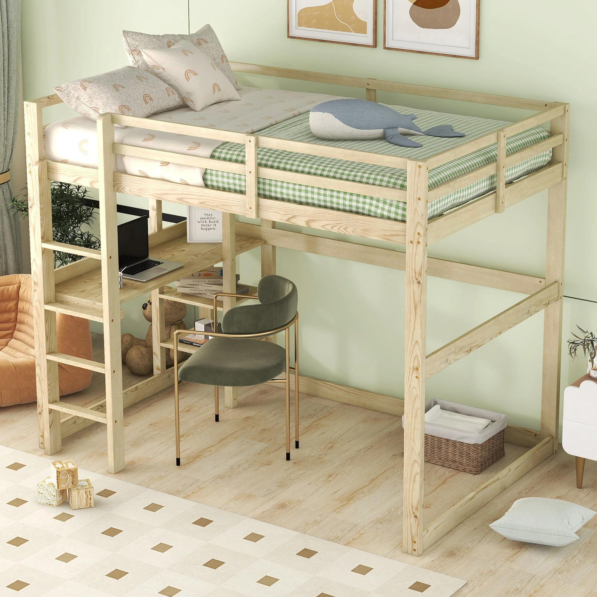 Children's Bunk Bed with Desk and 4 Storage Compartments, 140 x 200 cm, Pine Natural - Image 3