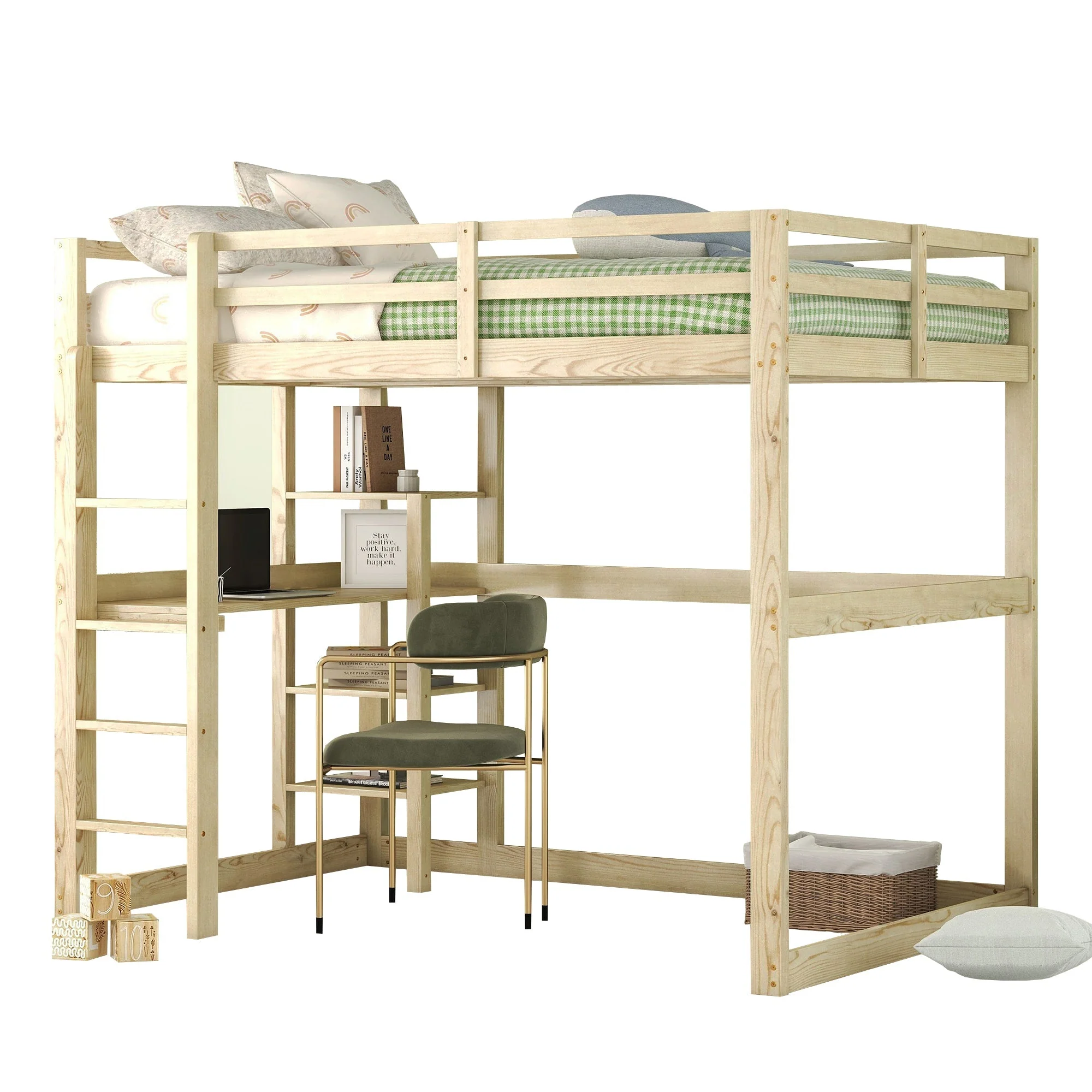 Children's Bunk Bed with Desk and 4 Storage Compartments, 140 x 200 cm, Pine Natural - Image 4
