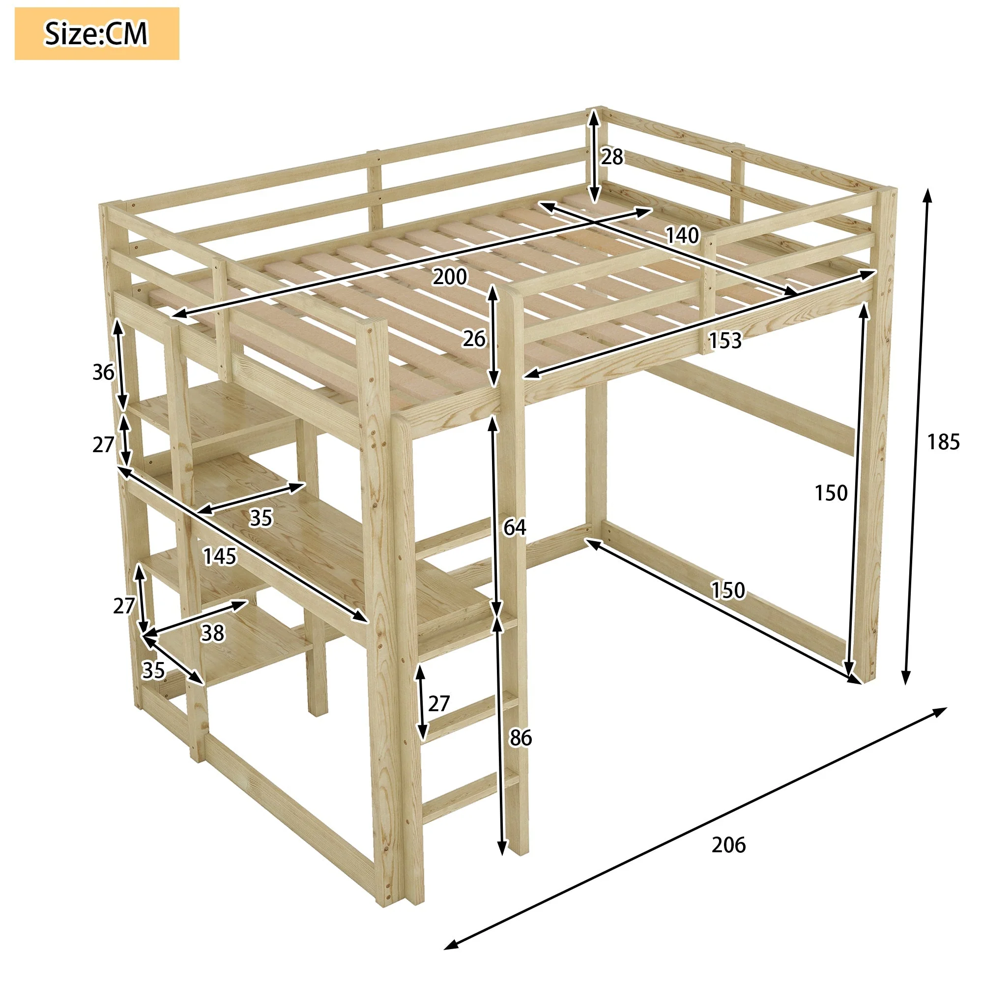 Children's Bunk Bed with Desk and 4 Storage Compartments, 140 x 200 cm, Pine Natural - Image 5