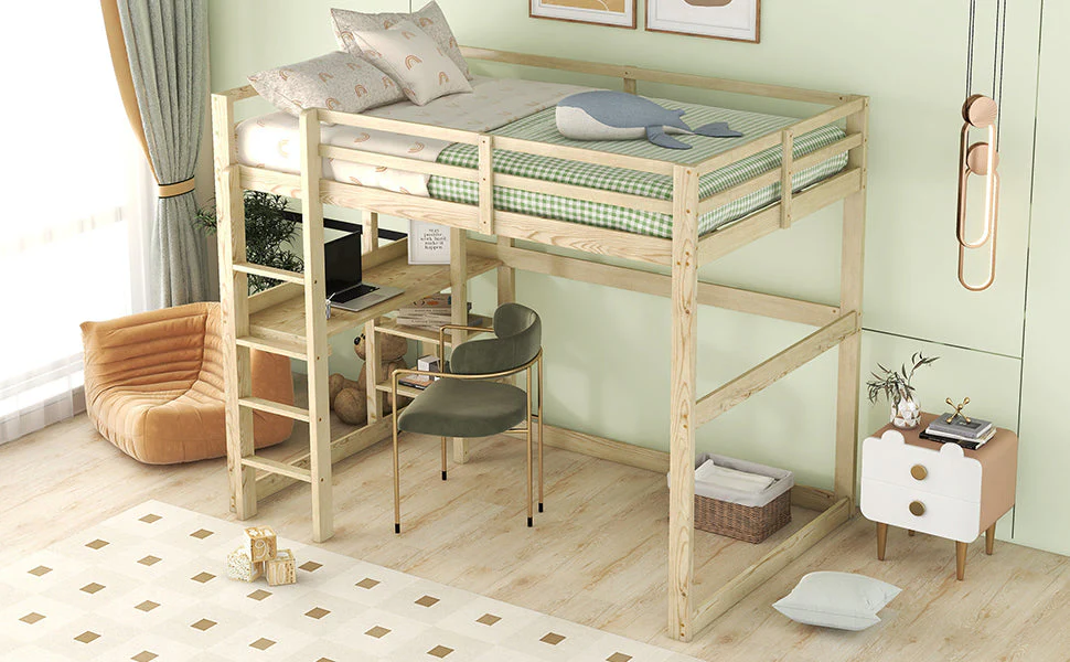 Children's Bunk Bed with Desk and 4 Storage Compartments, 140 x 200 cm, Pine Natural - Image 7