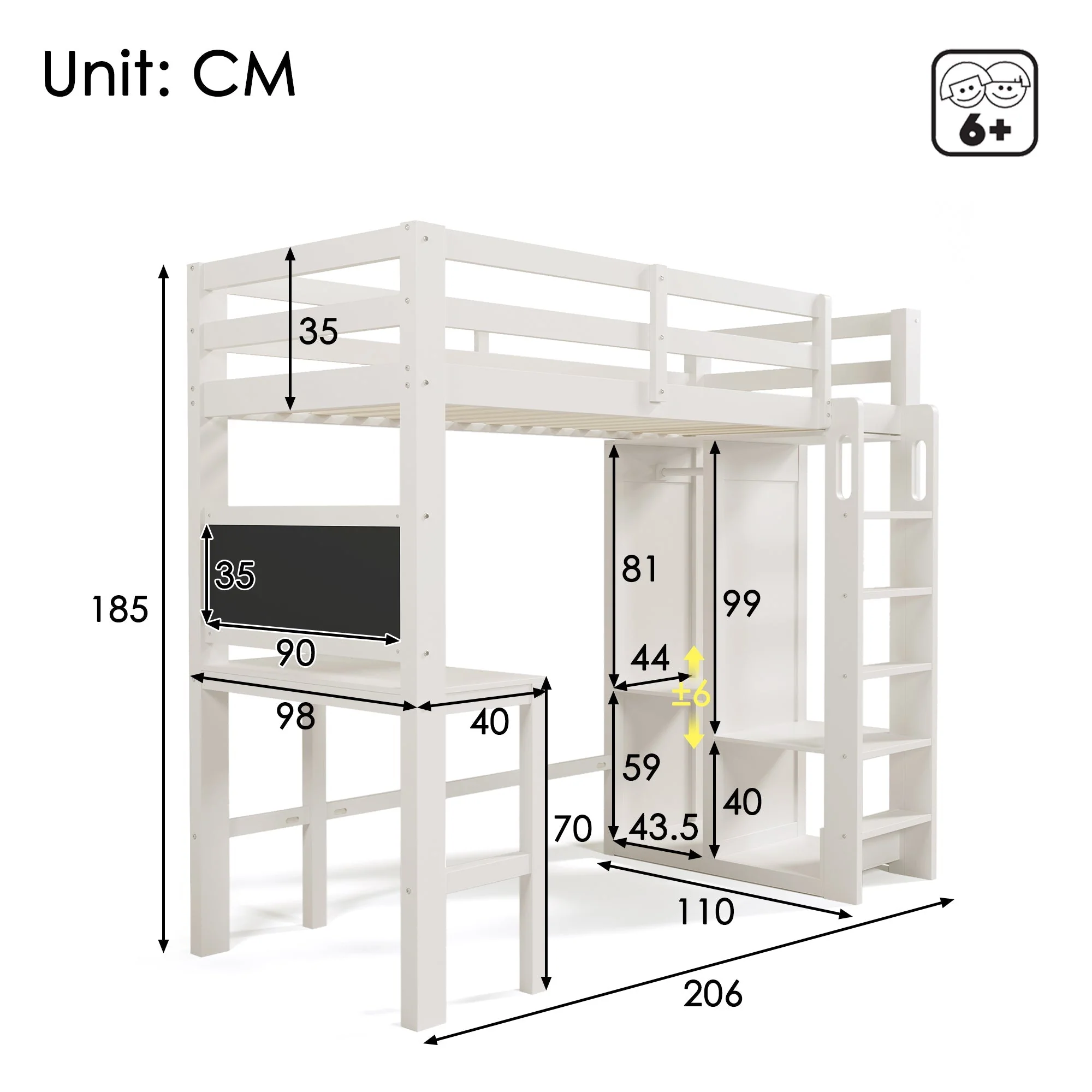 Children's Bunk Bed with Desk, Wardrobe and Shelves, 90x200cm, White - Image 2