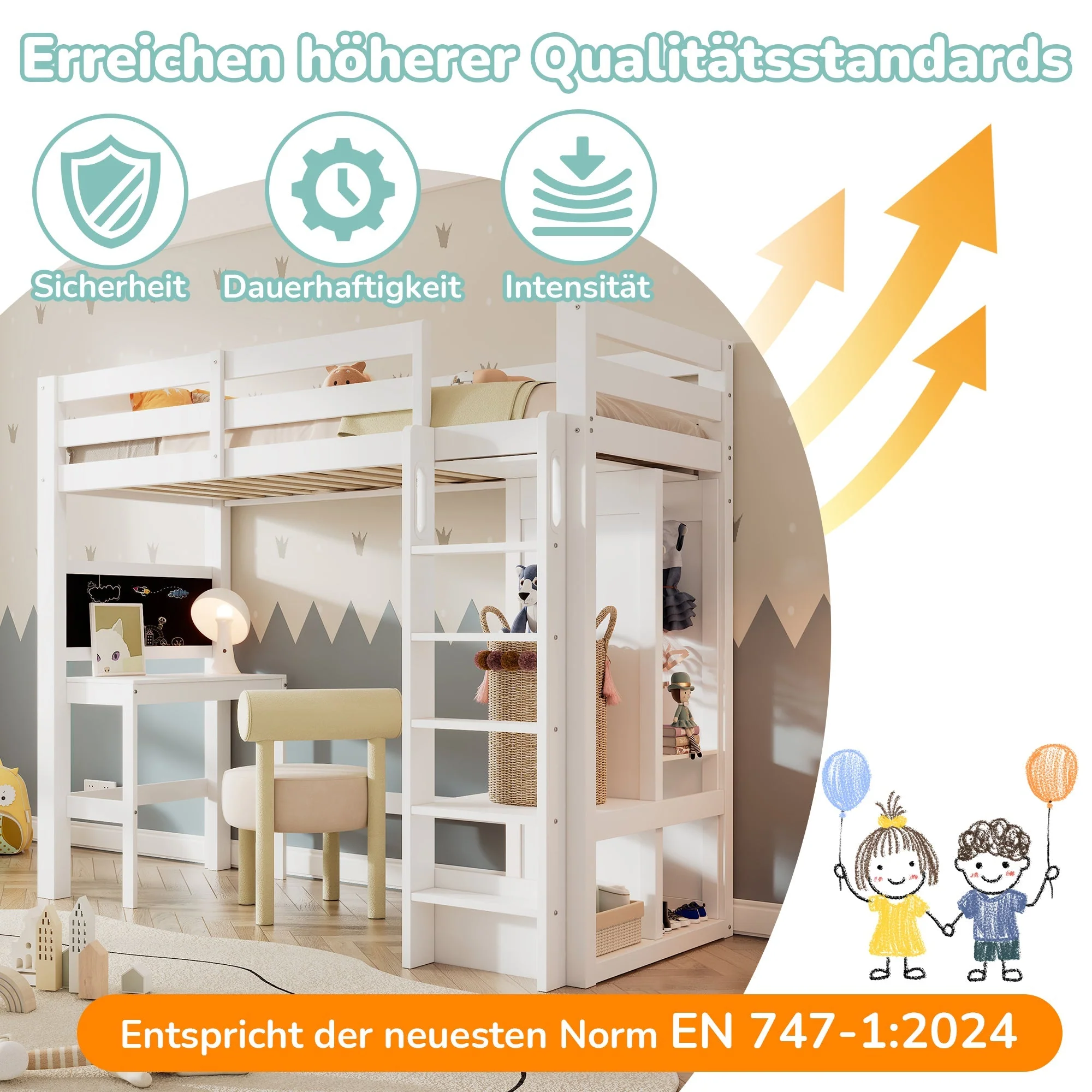 Children's Bunk Bed with Desk, Wardrobe and Shelves, 90x200cm, White - Image 4