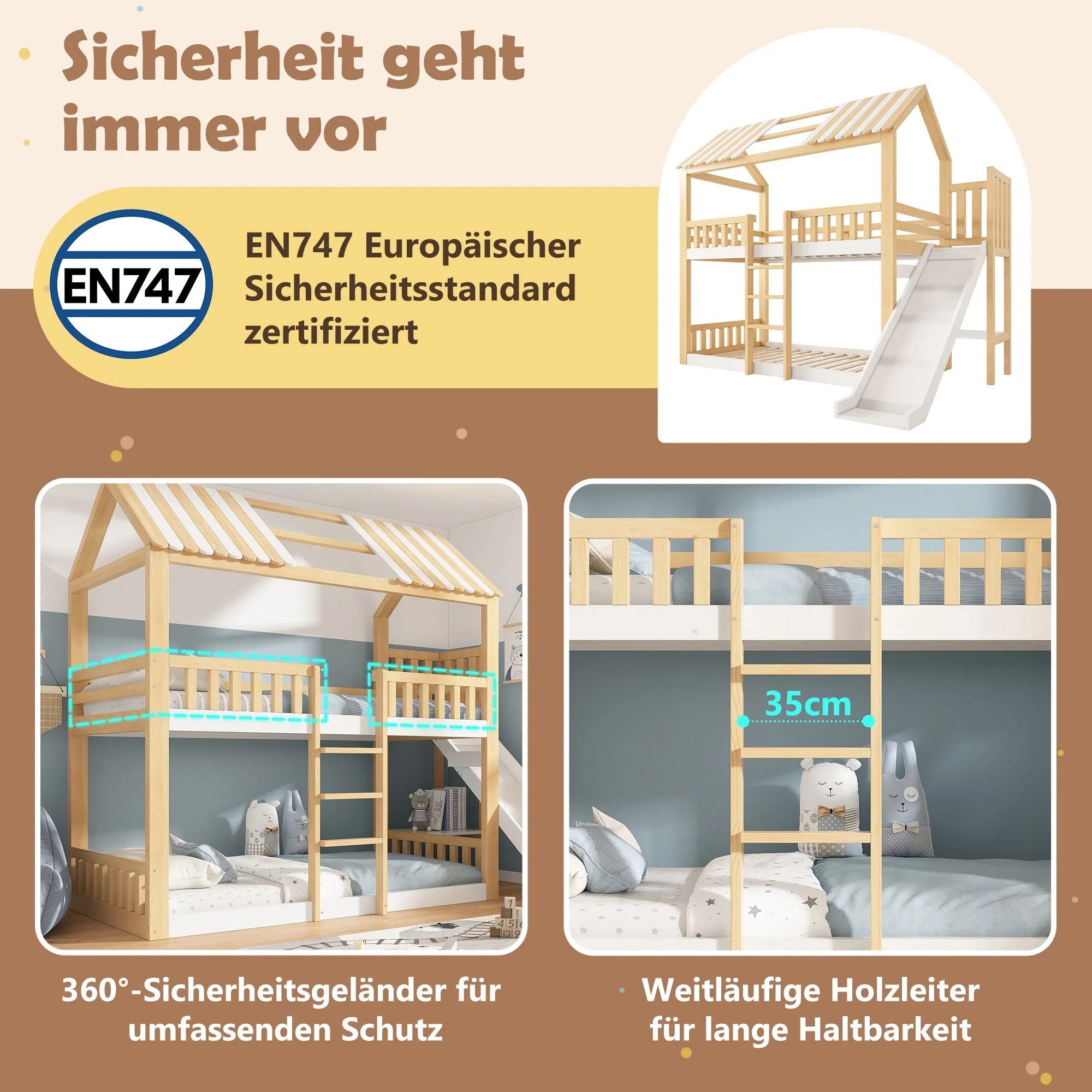 Children's Bunk Bed with Gable Roof, Shelf and 35cm Slide, 90x200cm, White and Natural Wood - Image 3