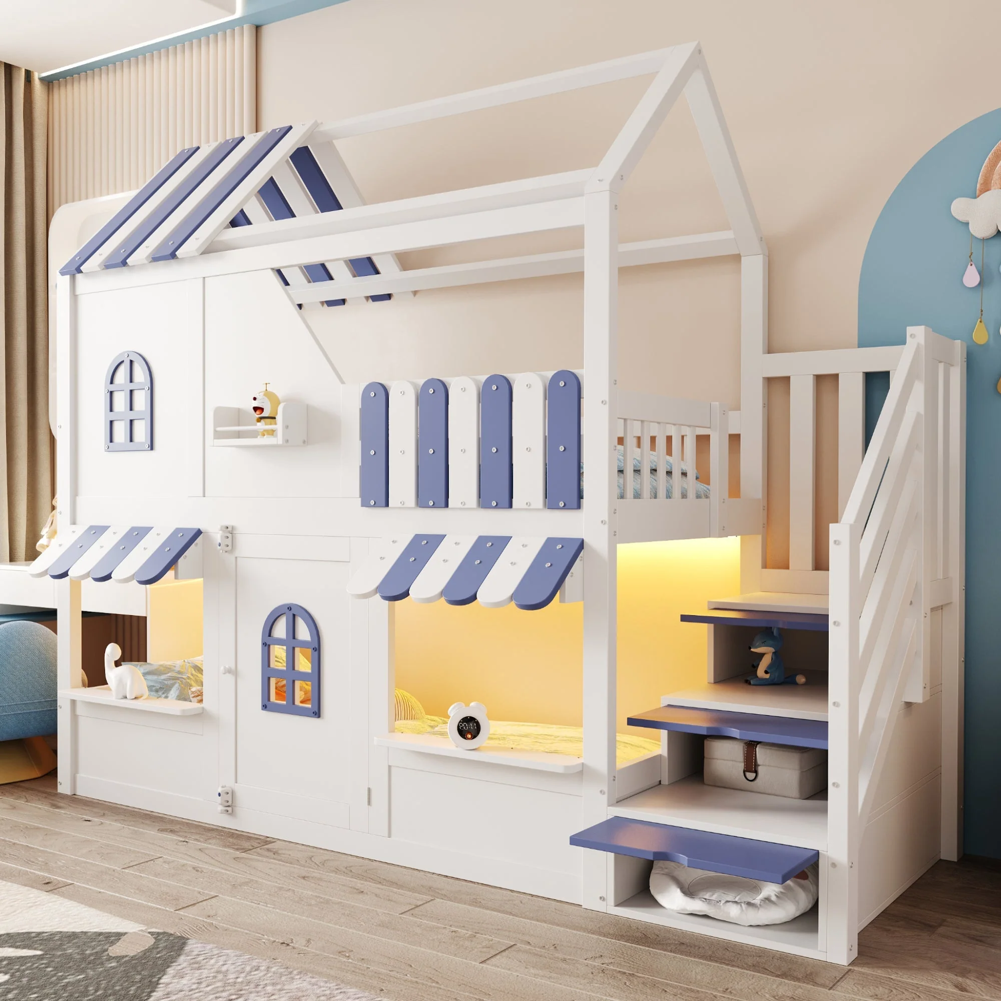 Children's Bunk Bed with House-Shaped Design, Storage Ladder, LED and Shelves, 90x200cm, White + Blue - Image 2
