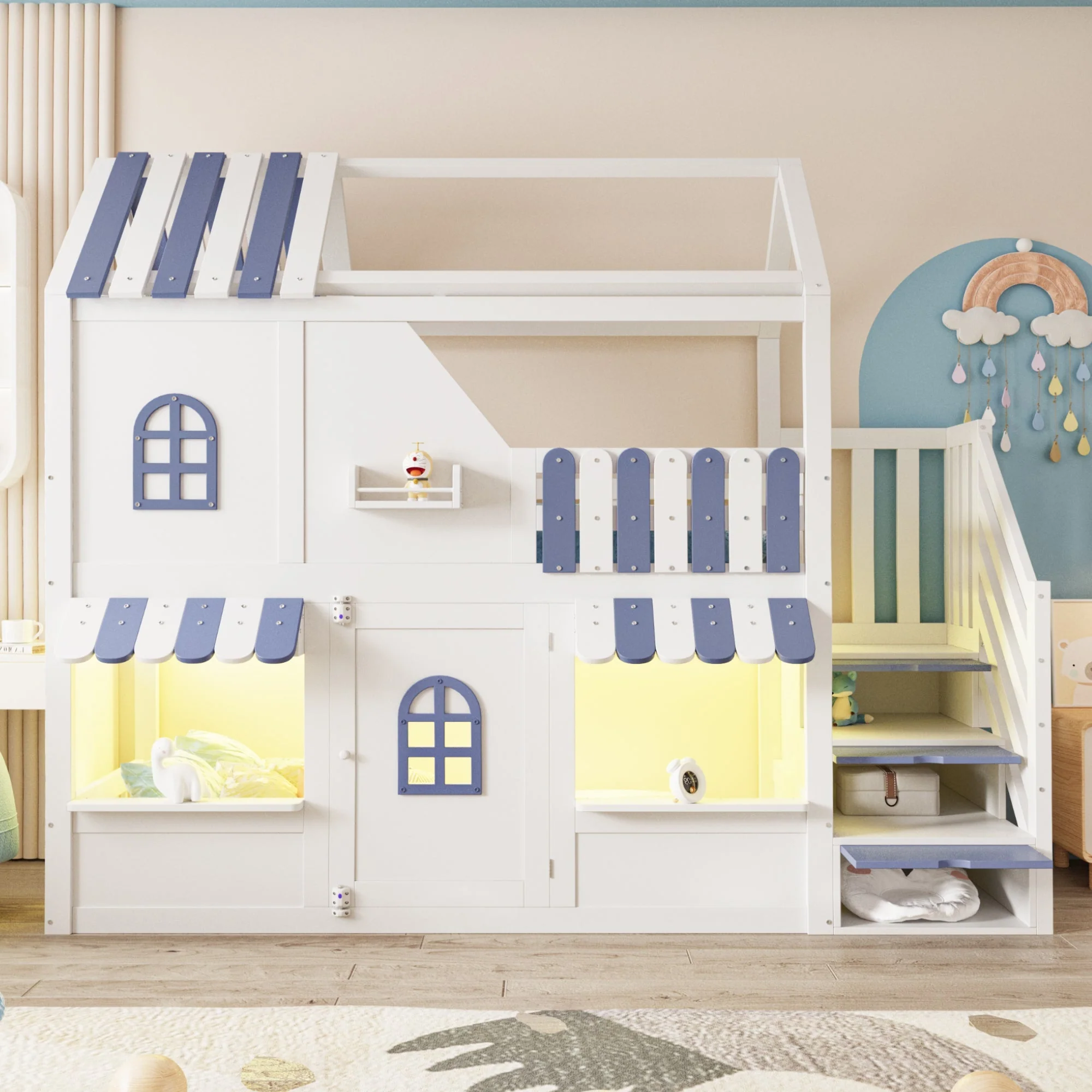 Children's Bunk Bed with House-Shaped Design, Storage Ladder, LED and Shelves, 90x200cm, White + Blue - Image 3