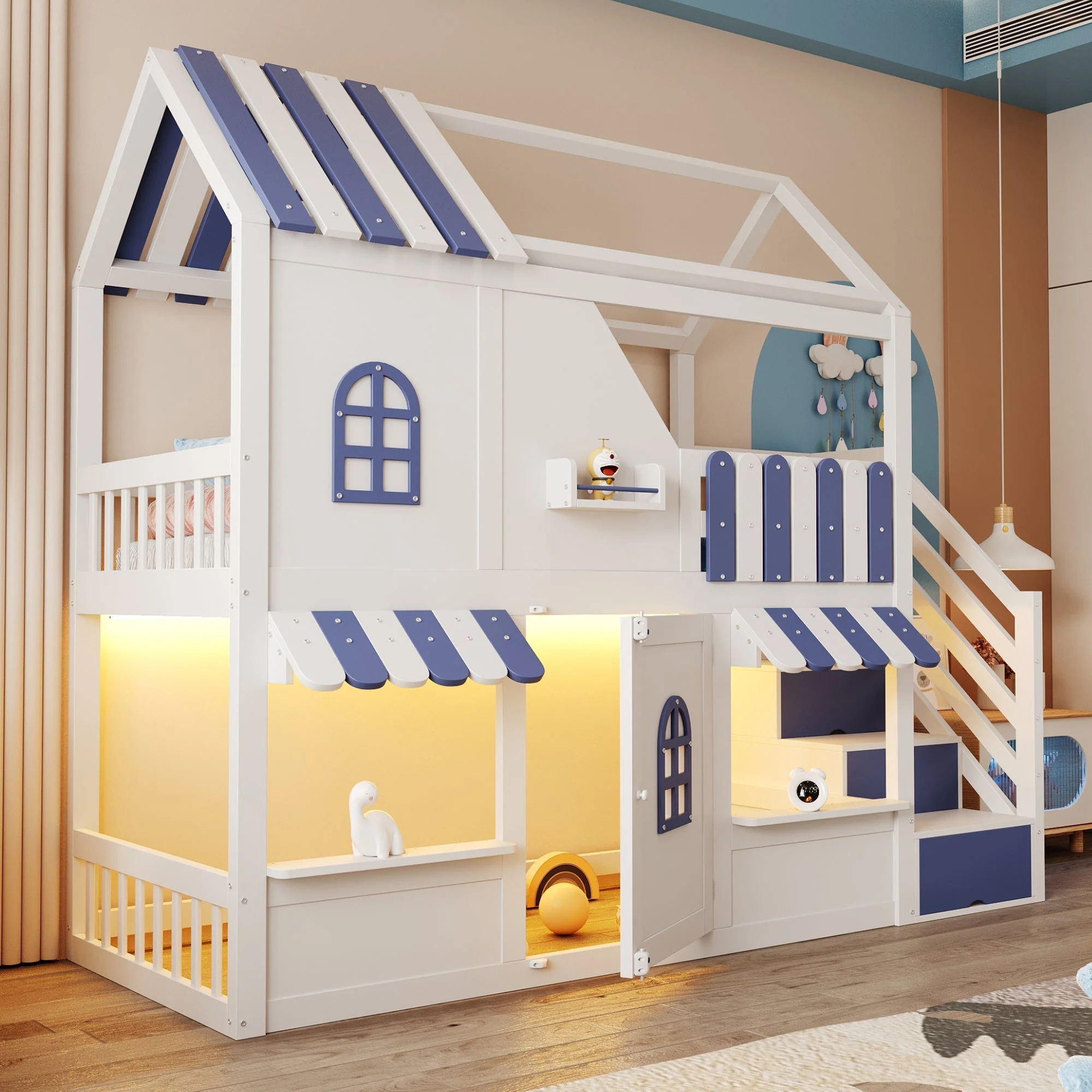 Children's Bunk Bed with House-Shaped Design, Storage Ladder, LED and Shelves, 90x200cm, White + Blue - Image 4