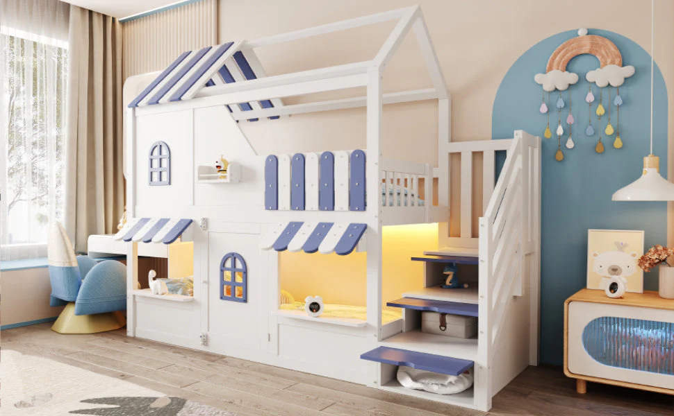 Children's Bunk Bed with House-Shaped Design, Storage Ladder, LED and Shelves, 90x200cm, White + Blue - Image 6