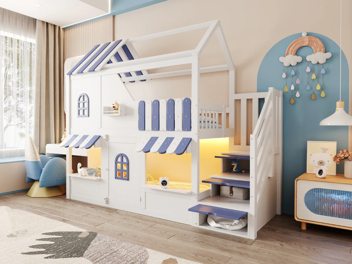 Children's Bunk Bed with House-Shaped Design, Storage Ladder, LED and Shelves, 90x200cm, White + Blue - Image 7
