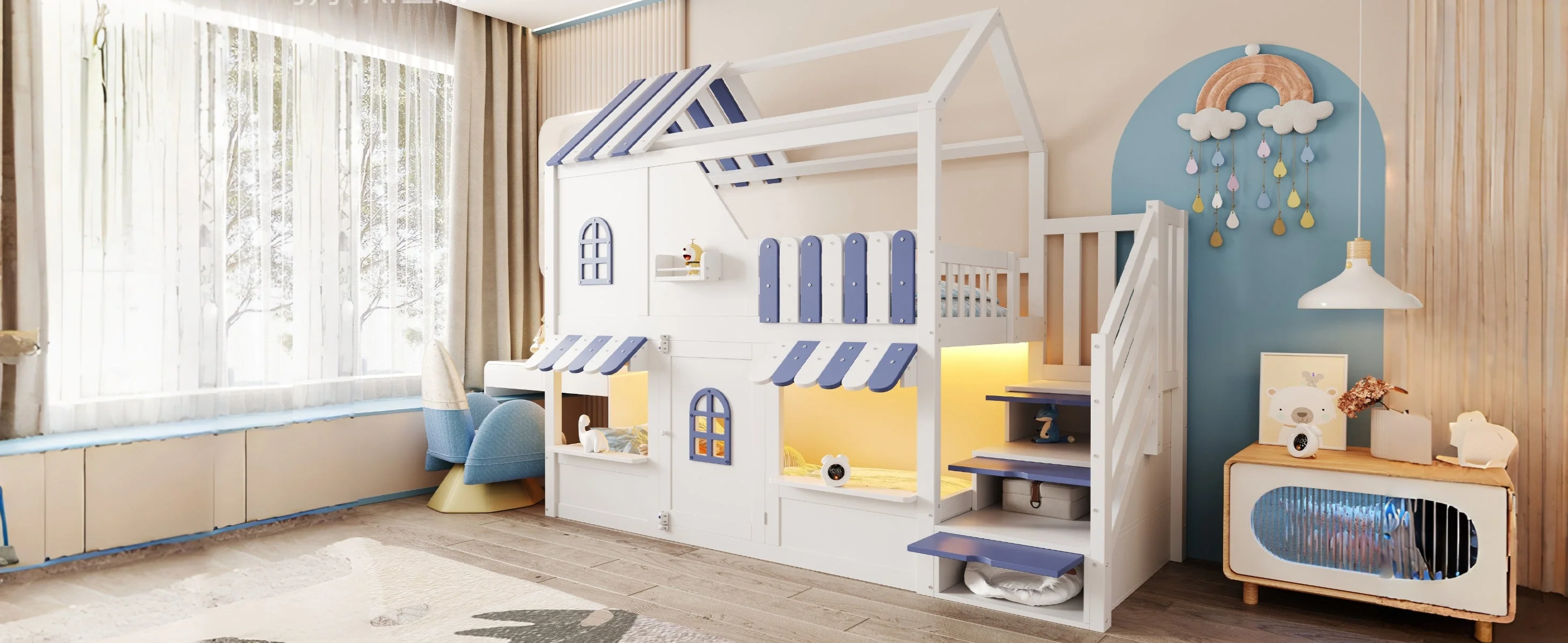 Children's Bunk Bed with House-Shaped Design, Storage Ladder, LED and Shelves, 90x200cm, White + Blue - Image 8