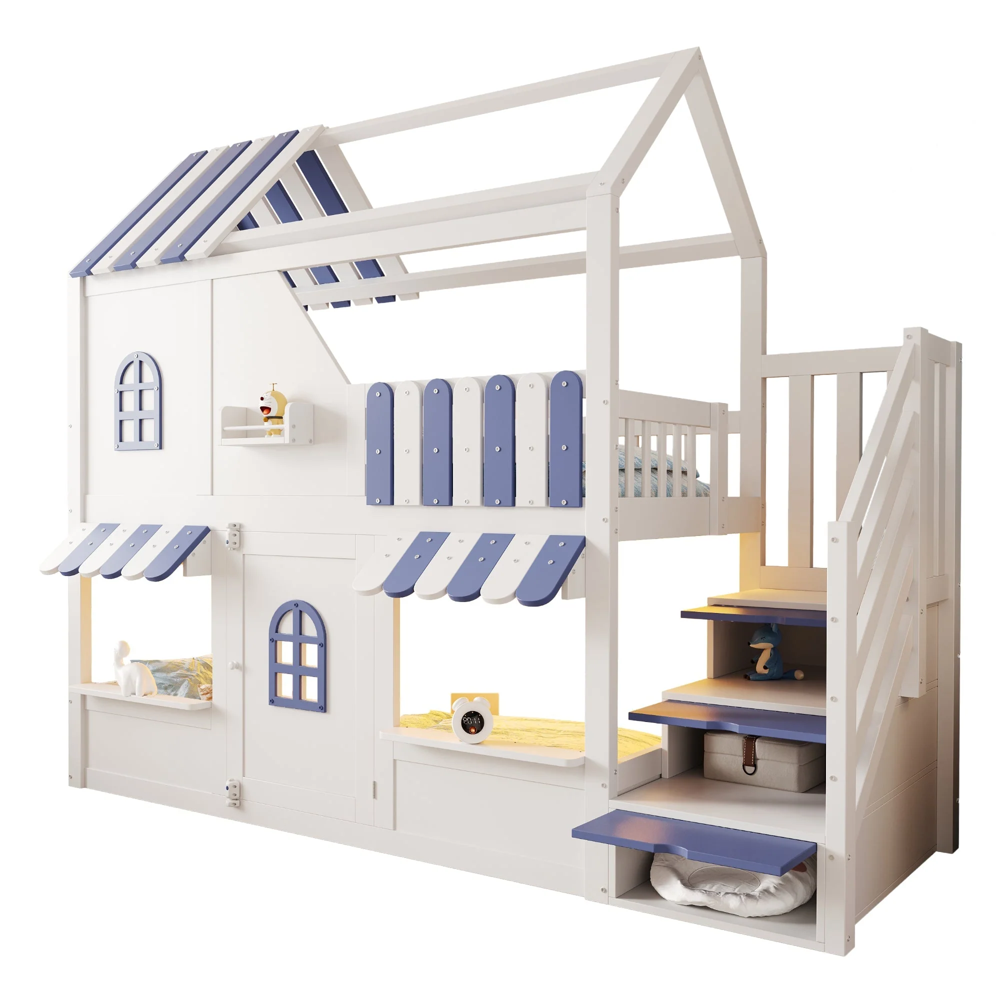 Children's Bunk Bed with House-Shaped Design, Storage Ladder, LED and Shelves, 90x200cm, White + Blue - Image 9
