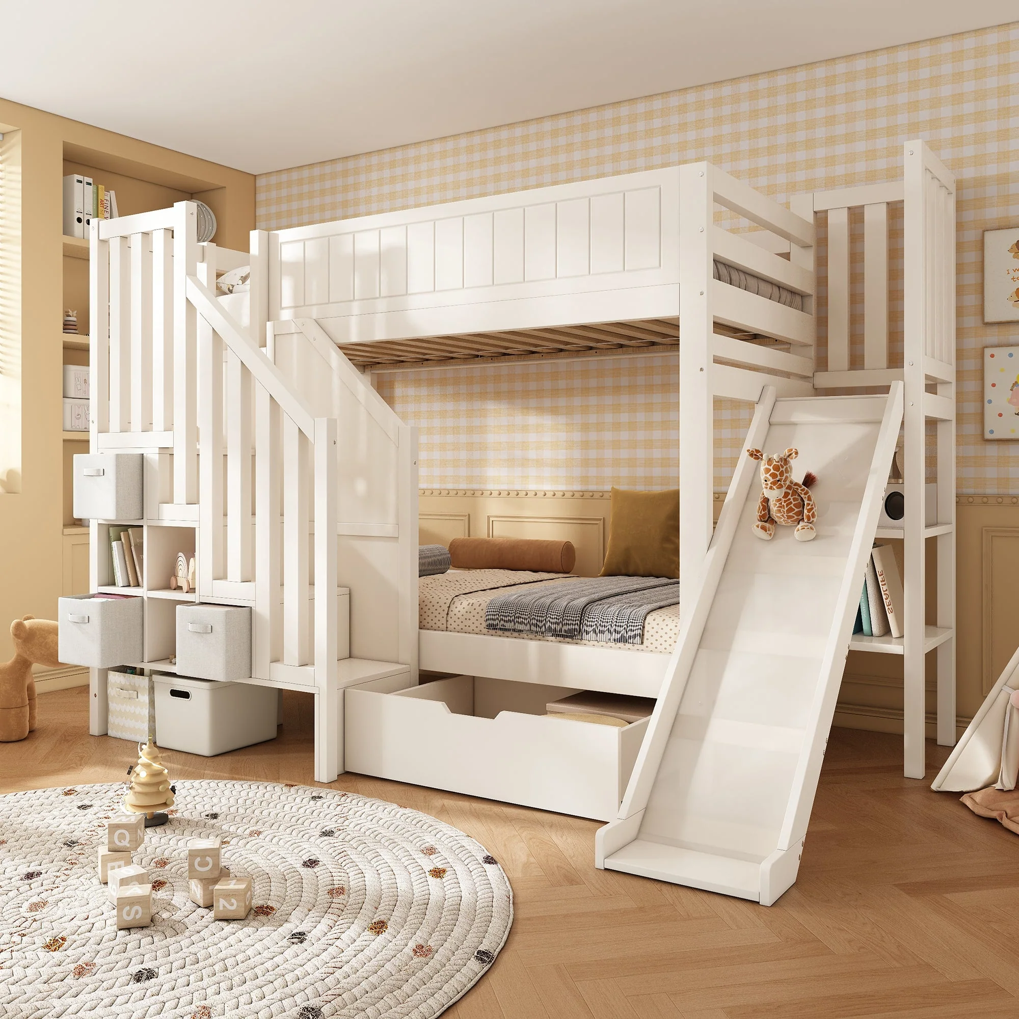 Children's Bunk Bed with Slide, Ladder Wardrobe, Drawers and Shelf, 90x200cm, White - Image 6