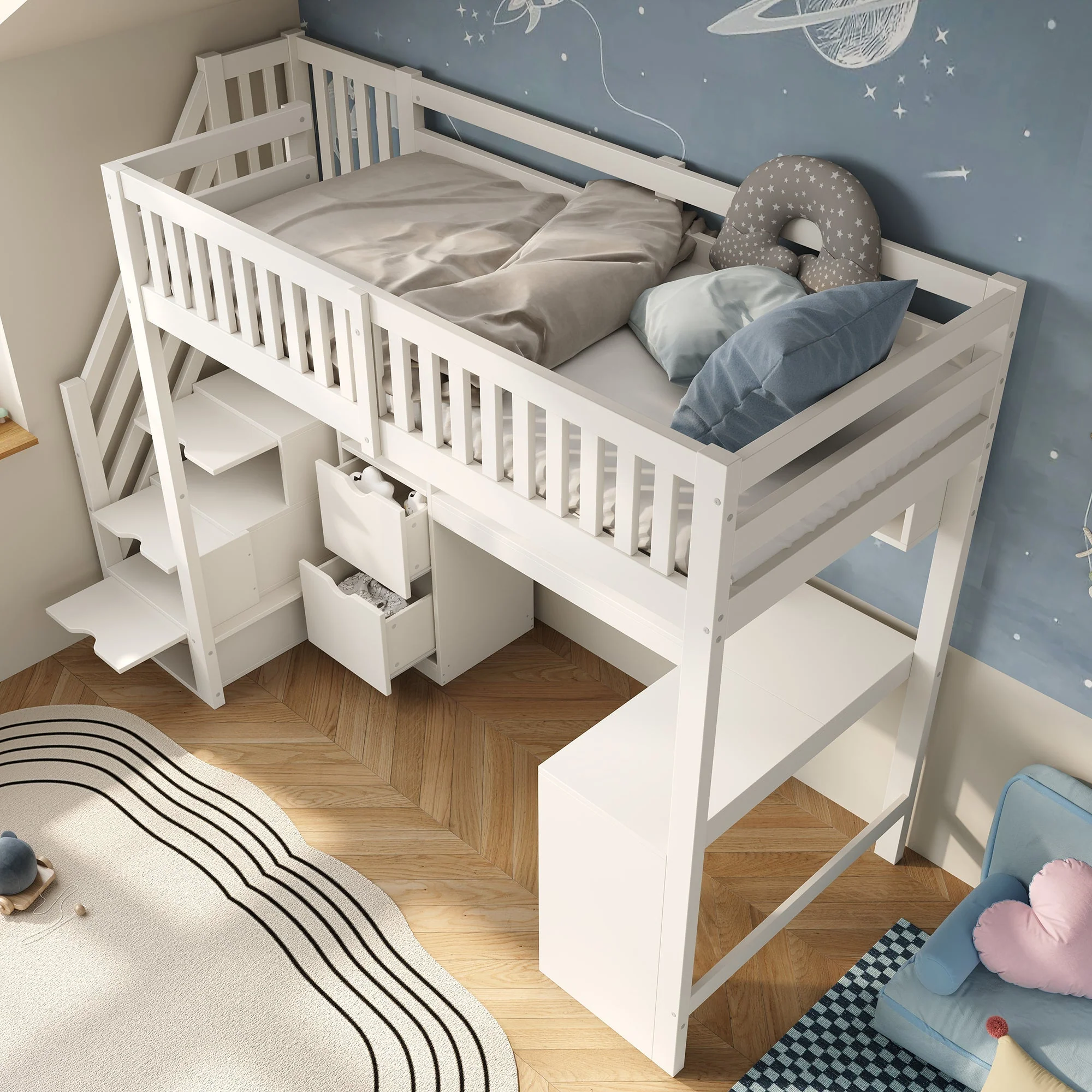 Children's Bunk Bed with Staircase, Corner Desk and Storage, White Pine Wood - Image 10