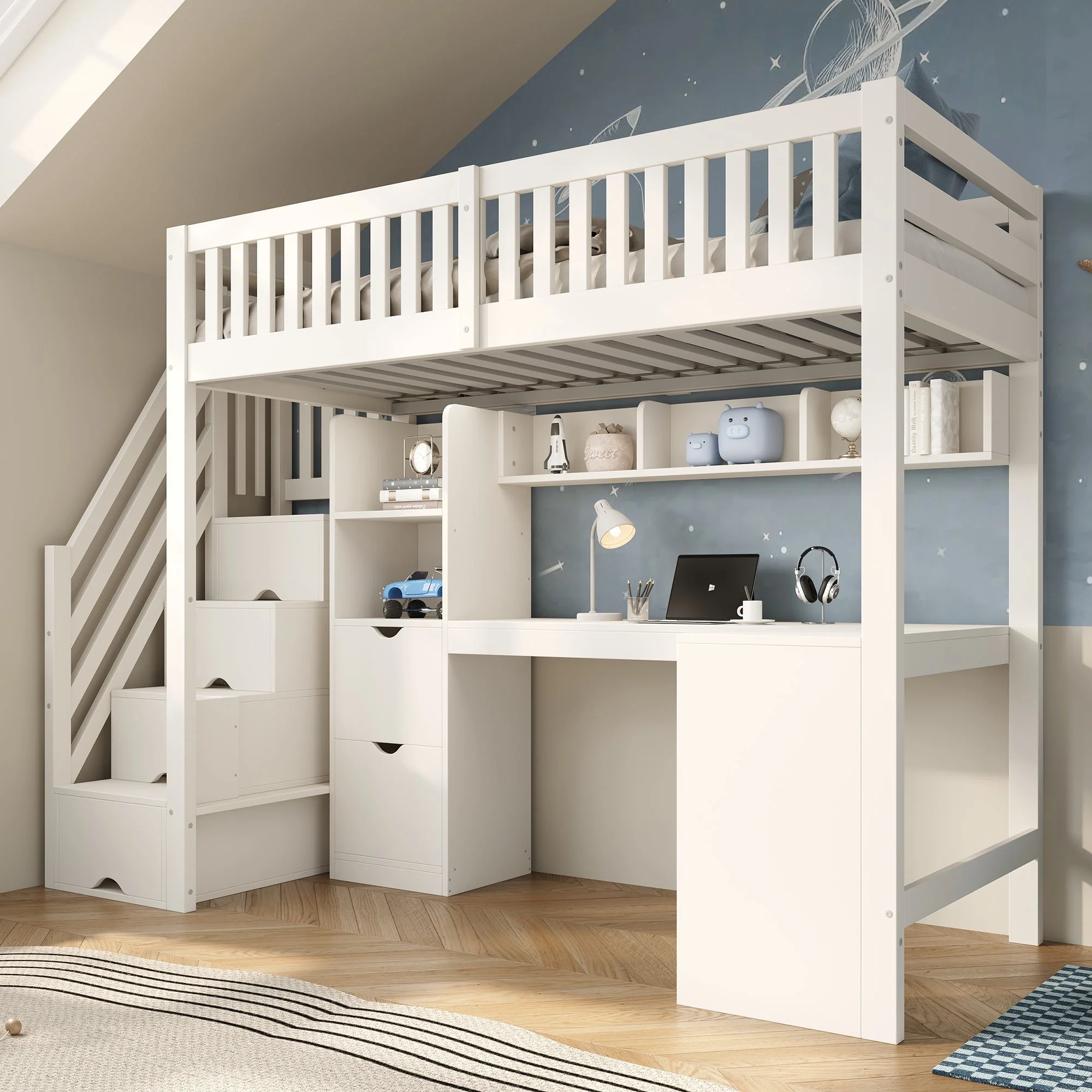 Children's Bunk Bed with Staircase, Corner Desk and Storage, White Pine Wood - Image 6