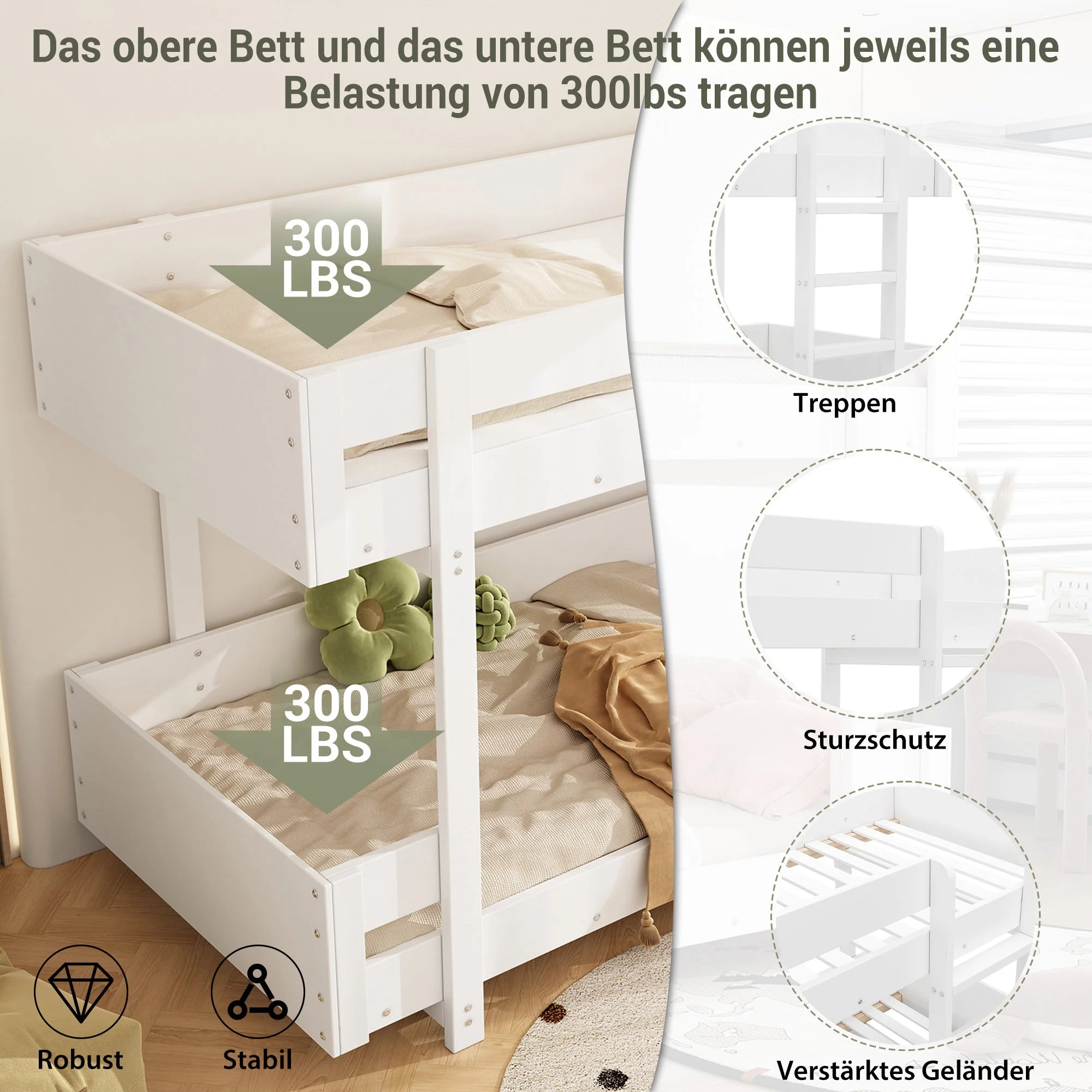 Children's Bunk Bed with Stairs and Reinforced Railing, 90x200cm, White - Image 6