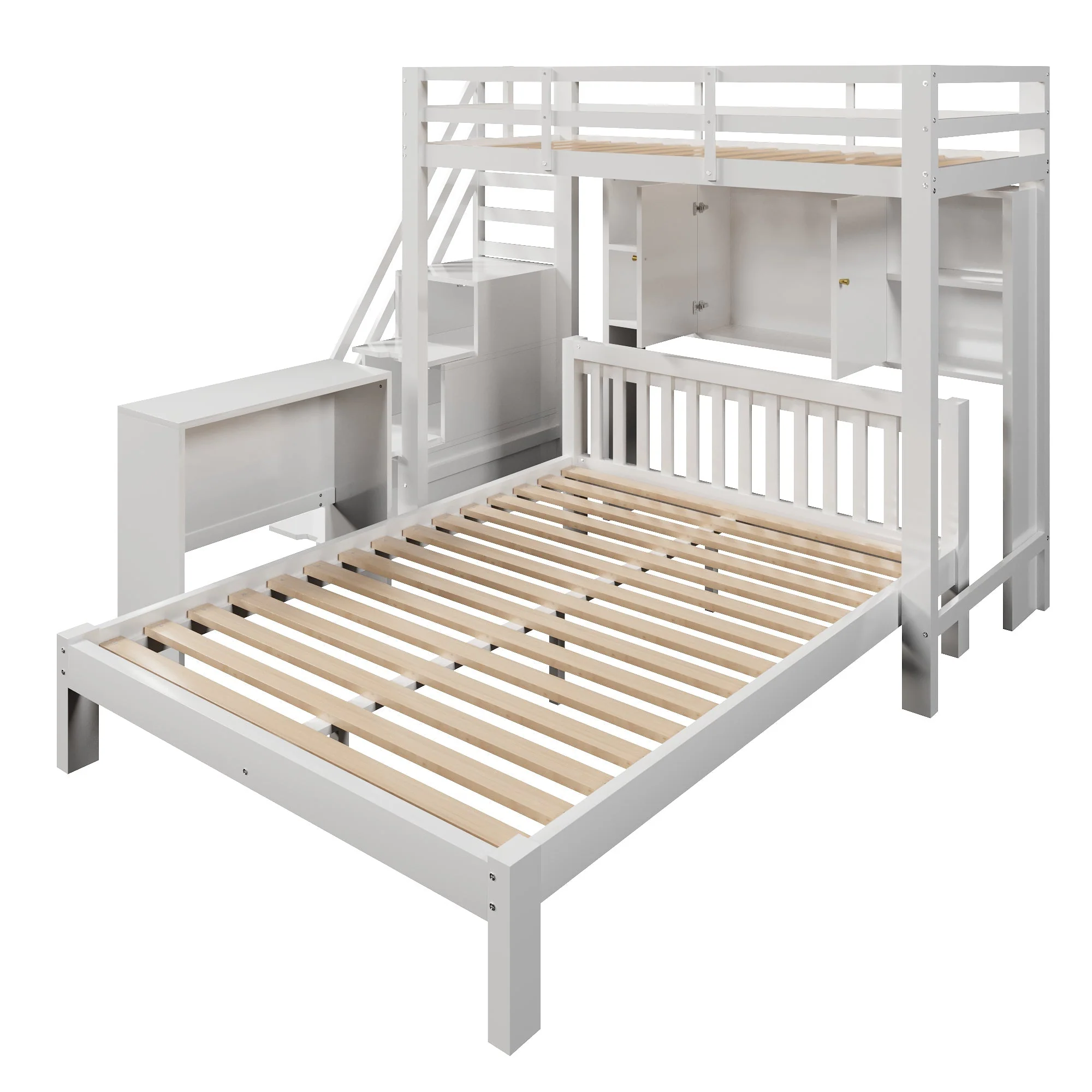 Children's Bunk Bed with Storage Stairs and Movable Side Table, 90x200cm and 140x200cm, White - Image 10