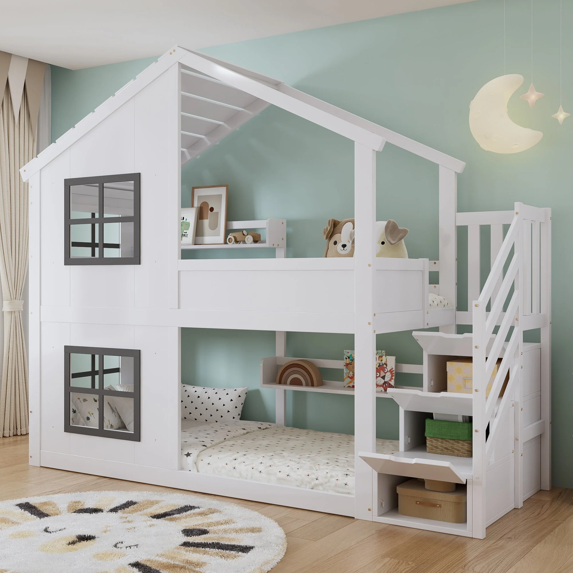 Children's Bunk Bed with Windows, Roof and Storage Cabinet, White and Grey - Image 2