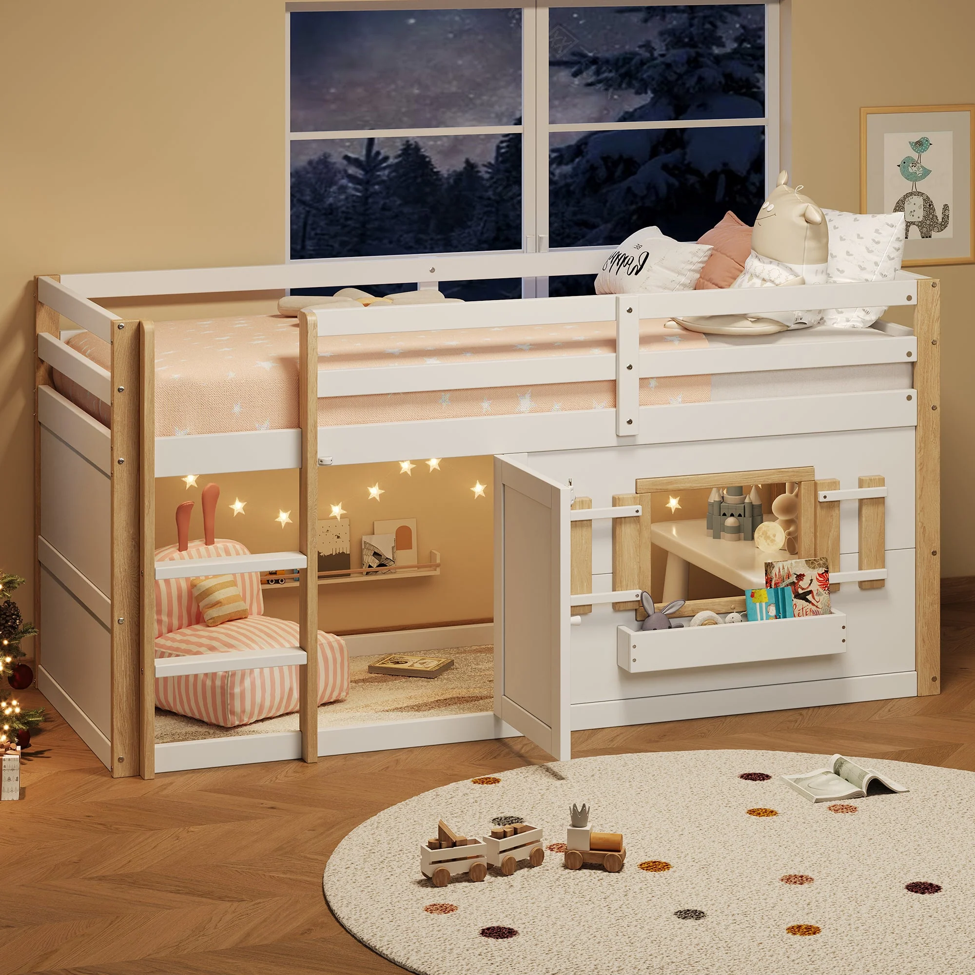 Children's Bunk/Loft Bed Multifunctional with Ladder & Play Area, White - Image 2