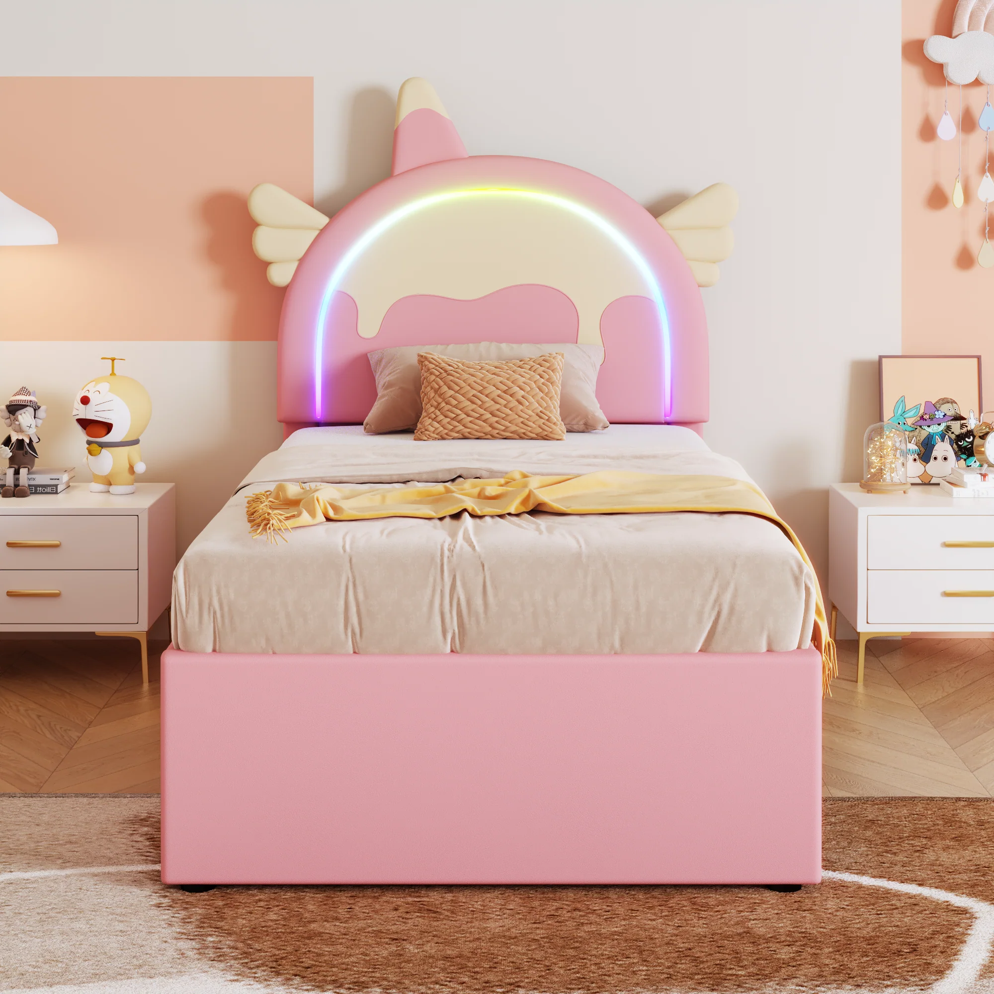 Children's Cartoon Bed 90x200cm Unicorn Shape Extendable Rollaway - PU Pink - Image 2