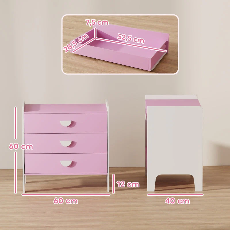 Children's Chest of Drawers, 3-Drawer Storage Cabinet, Pink+White MDF - Image 3