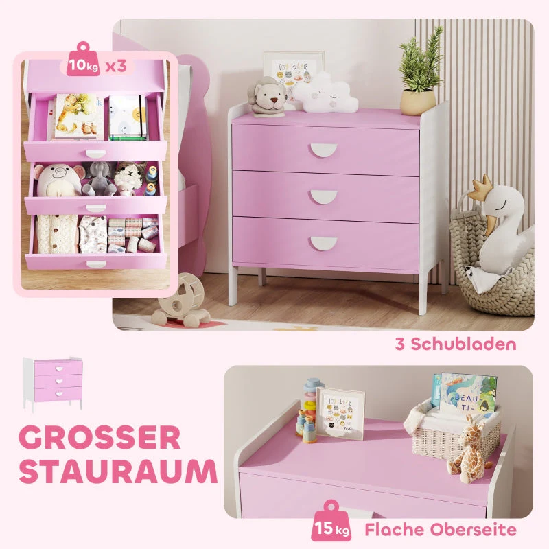 Children's Chest of Drawers, 3-Drawer Storage Cabinet, Pink+White MDF - Image 4